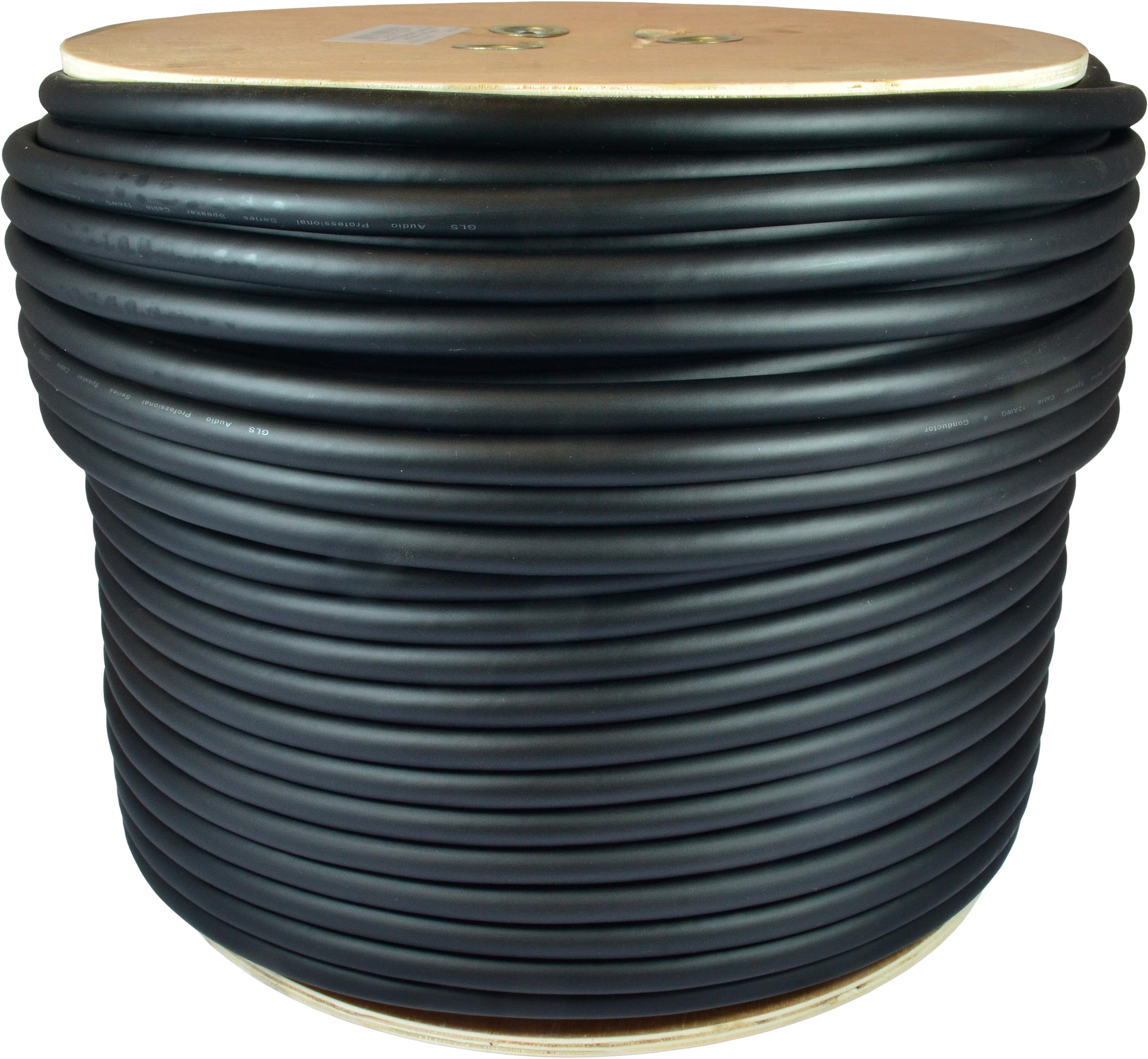 GLS Audio 500 feet Bulk Professional Speaker Cable 12AWG 4 Conductor Black - 12 Gauge Patch Cord 12/4 Gauge Wire - Pro 500' Spool Roll 12G 4 Conductor Bulk - Speaker Wire