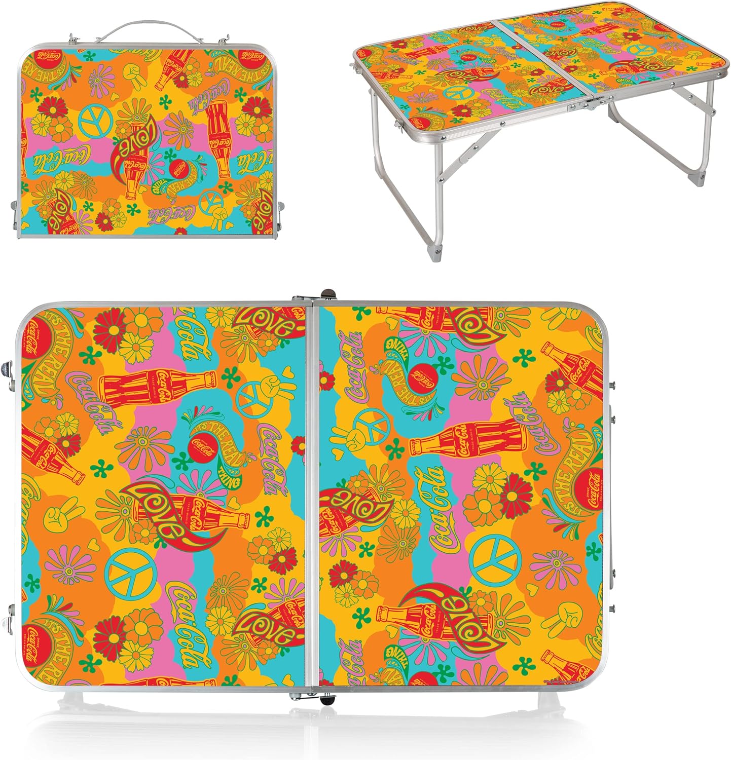 PICNIC TIME Coca-Cola Unity Concert Mini Portable Table, Small Folding Picnic and Camping Table with Carry Handle and Wood Grain Top for Indoor and Outdoor Use, (Charcoal Wood Grain)