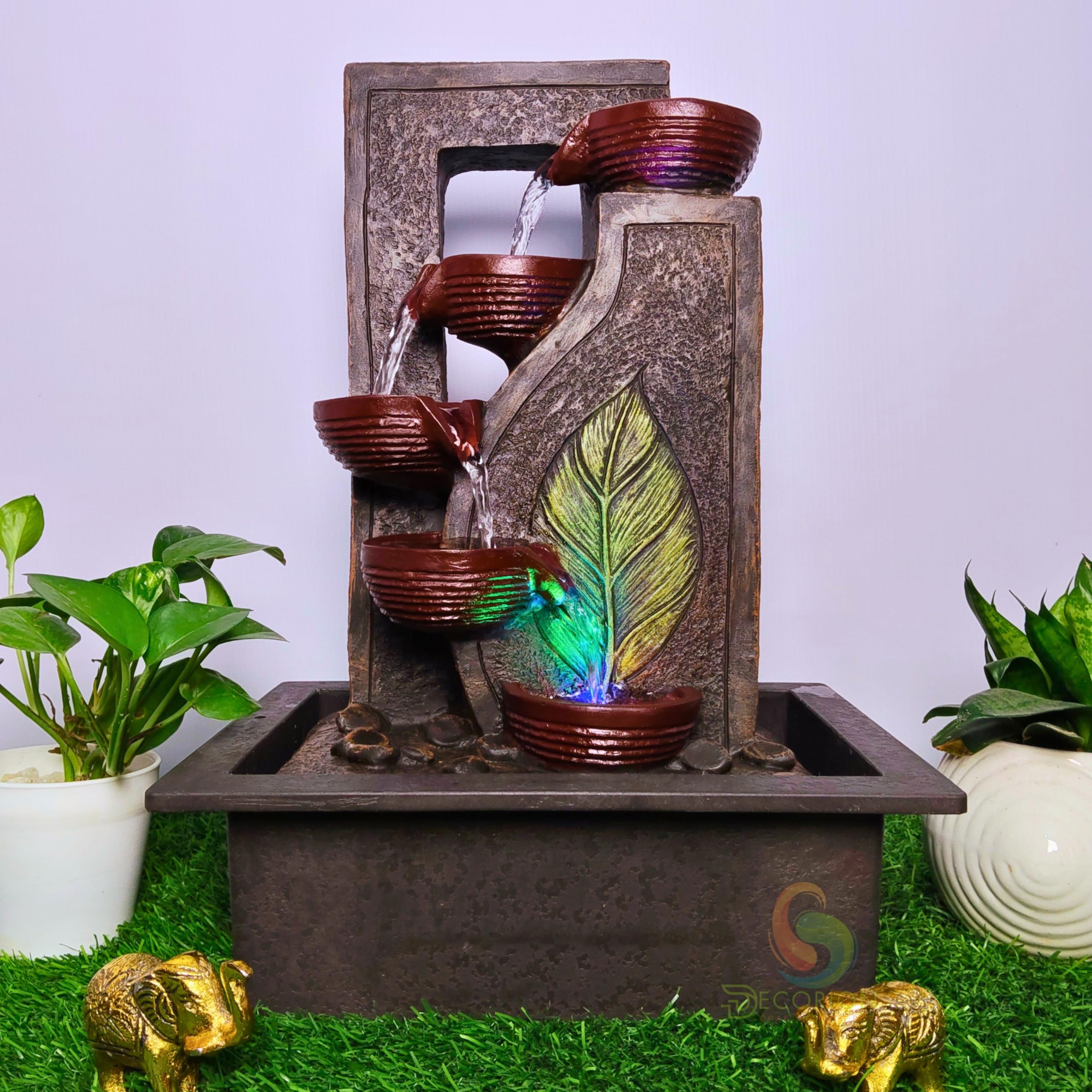 Four Steps Leaf Diya Decorative Table Top Water Fountain for Home Décor/Office/Indoor & Outdoor/Garden/Puja Room/Vaastu with Multicolor LED Light and Adjustable Water Pump-image-12