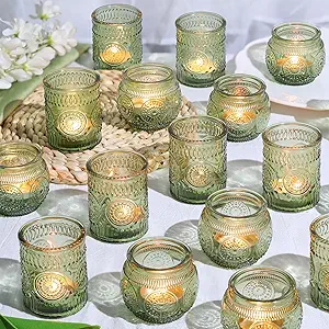 30pcs Assorted Green Votive Candle Holders Bulk, Fall Baby Wedding Shower Decorations,Tealight Candle Holder for Table Centerpieces Decorations, Boho Tea Party Decor, Bridal Shower Gifts for Guests