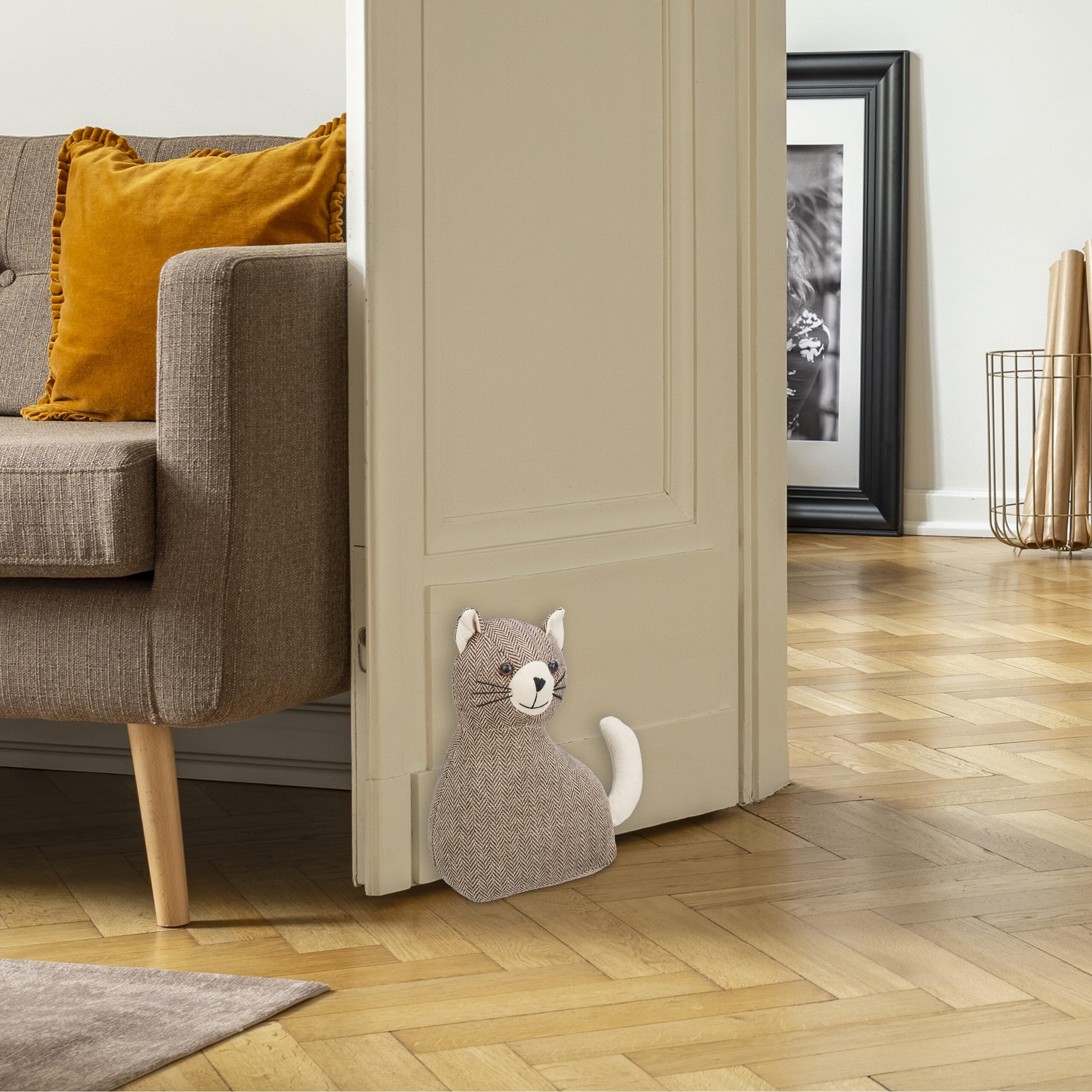 Relaxdays Gatto Fermaporta, Blocca Porta Pesante da Terra, in Stoffa, Interno in Sabbia, HLP: 25,5 x 22 x 10 cm, Marrone