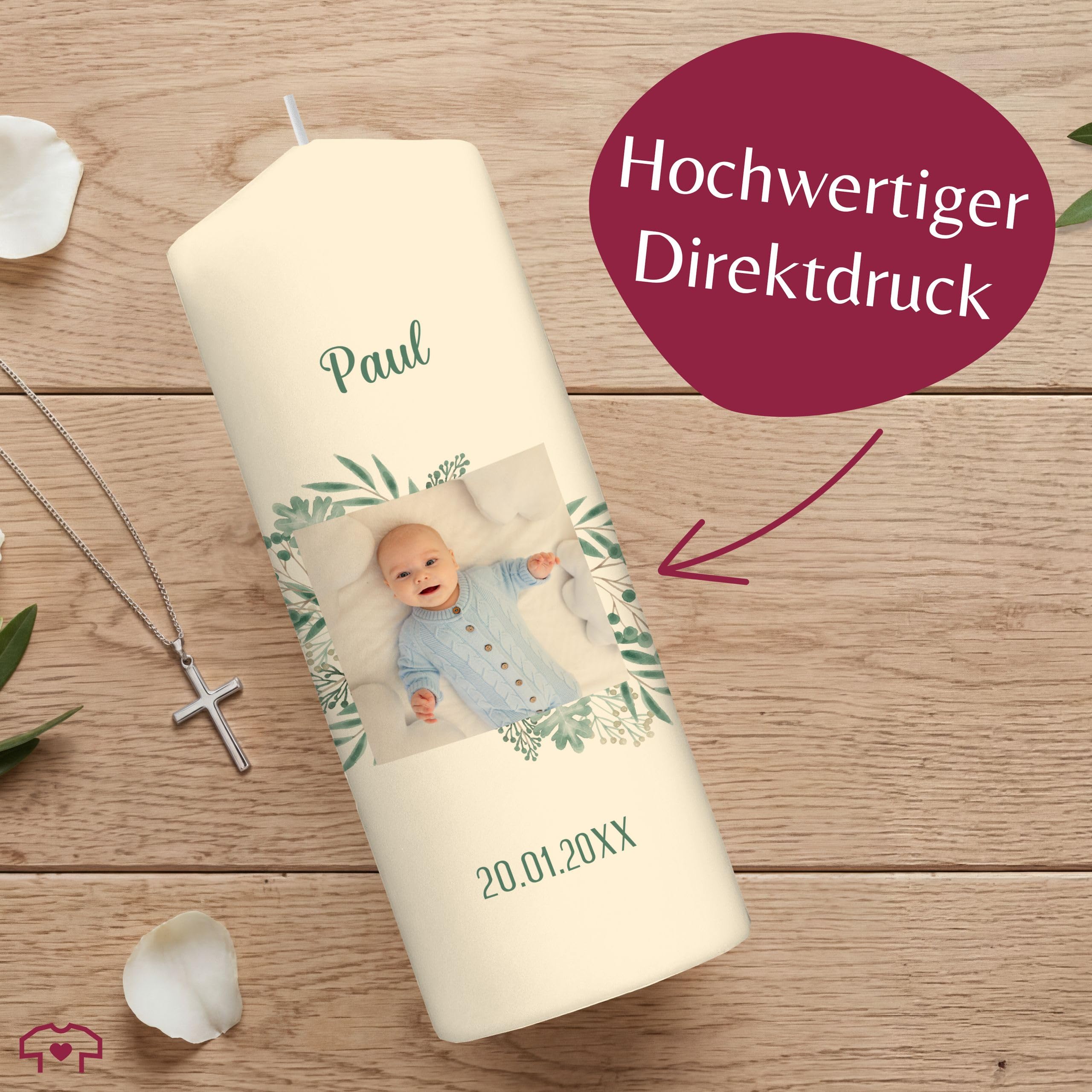Taufkerze - Taufe - Meine Tauf Wunschfoto mit Datum - personalisiertes Taufgeschenk Deko Geschenke - 230/78 mm - Elfenbein