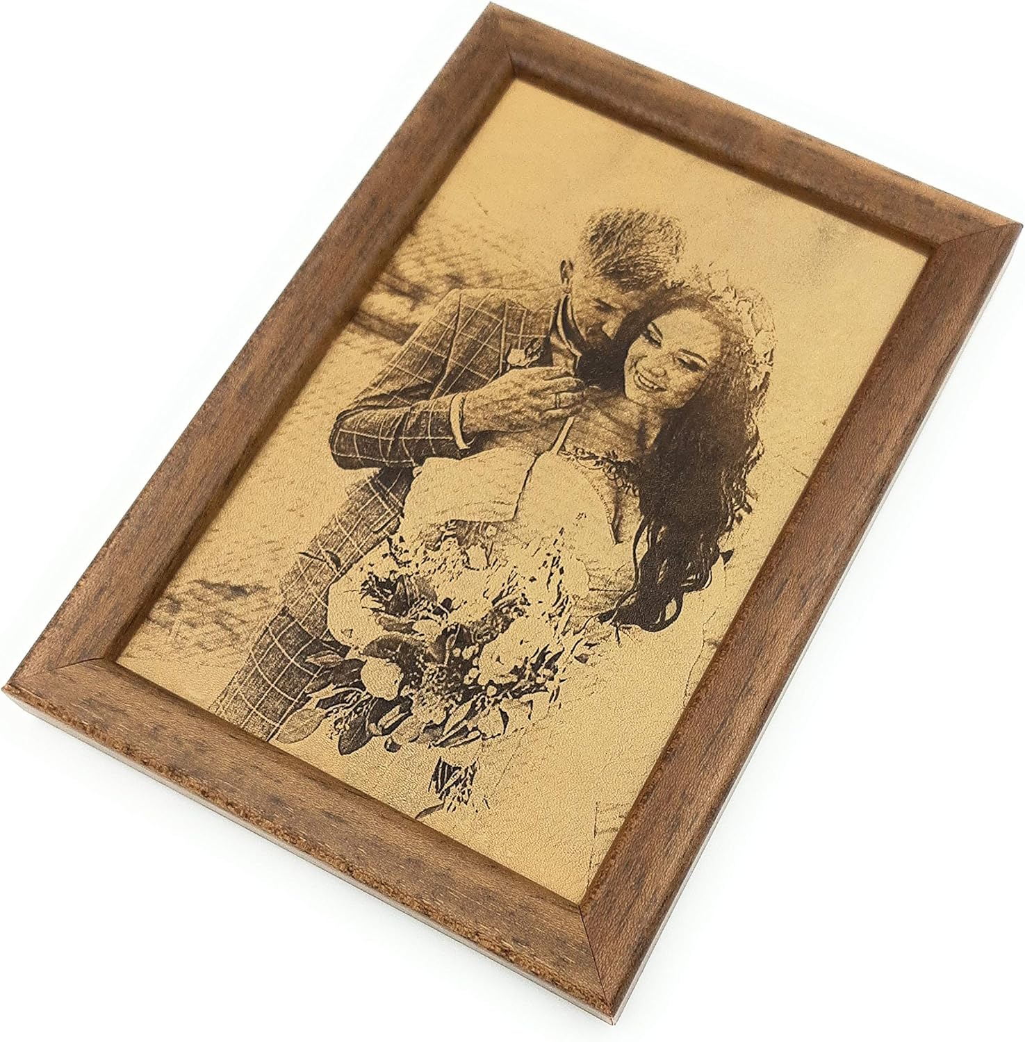 Laser engraved picture on real leather, 3rd wedding anniversary gift idea, custom engraved framed photograph, leather engraving, unique gift