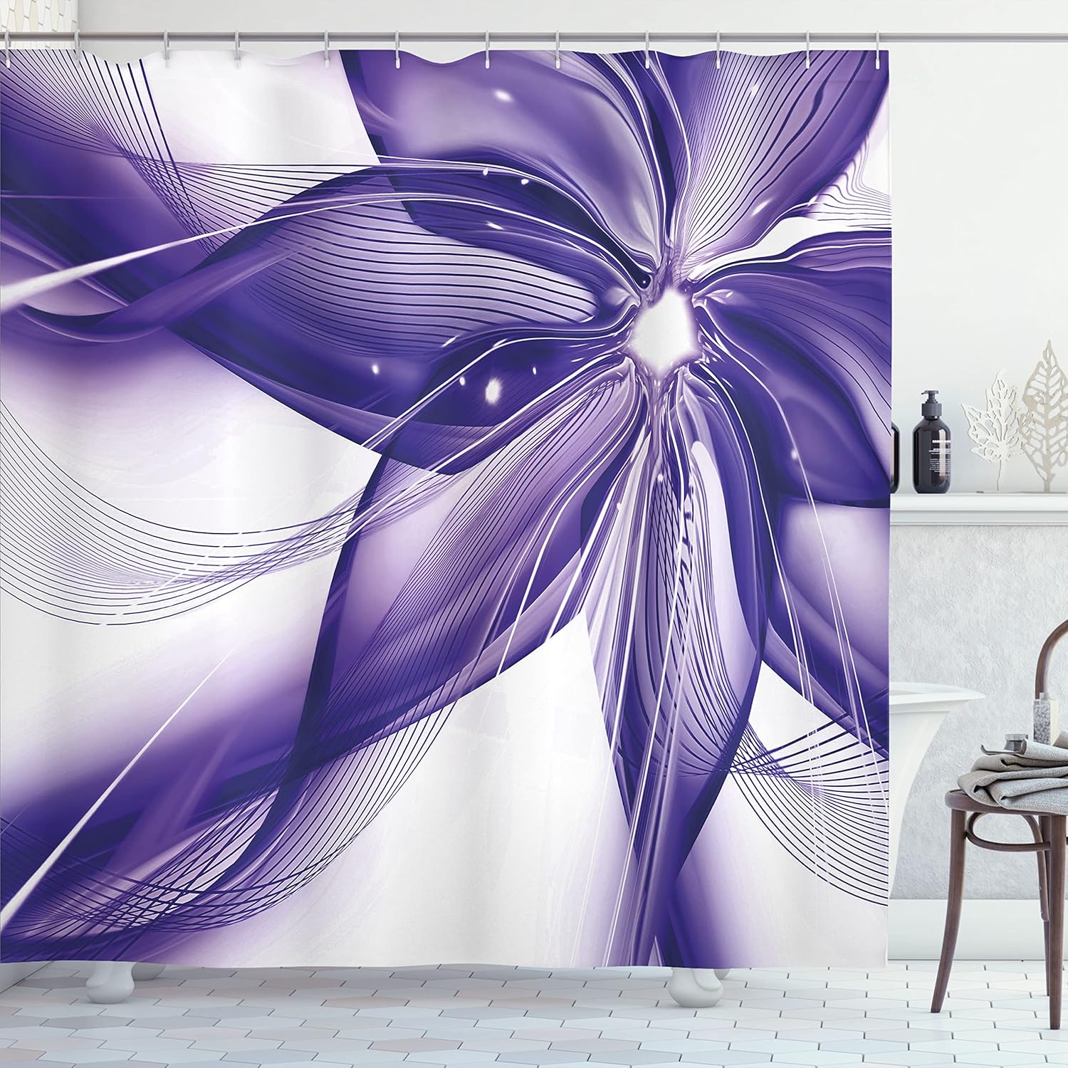 Ambesonne Abstract Shower Curtain, Geometrical Smoke Like Striped Huge Flower Floral Design Work of Art, Cloth Fabric Bathroom Decor Set with Hooks, 69" W x 75" L, Dark Lavender