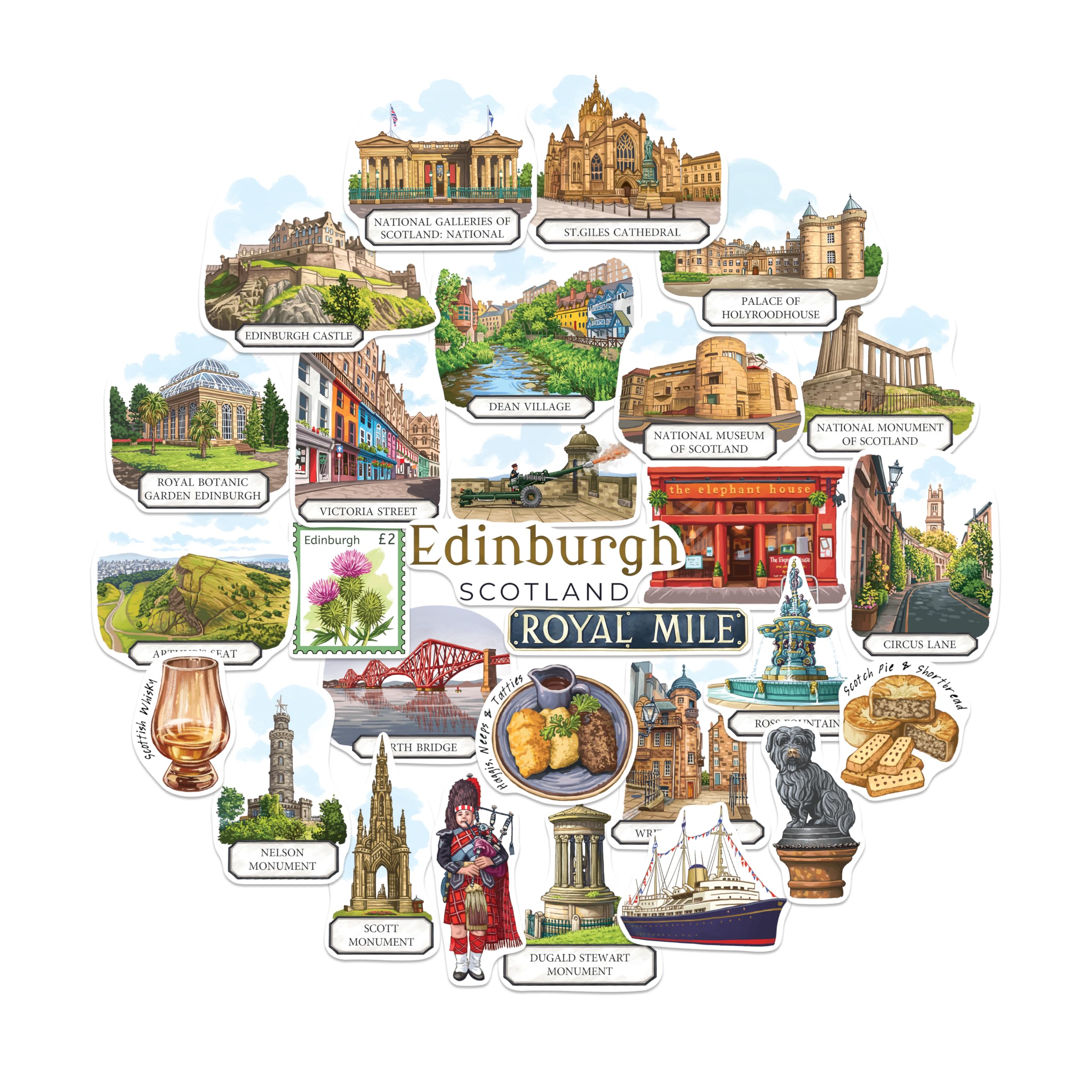 Navy Peony Multicolored Enchanted Edinburgh Travel Stickers (28Pcs) - Hand-Illustrated, Gouache, Scottish City-Themed Stickers For Scrapbooks, Journals, Laptop