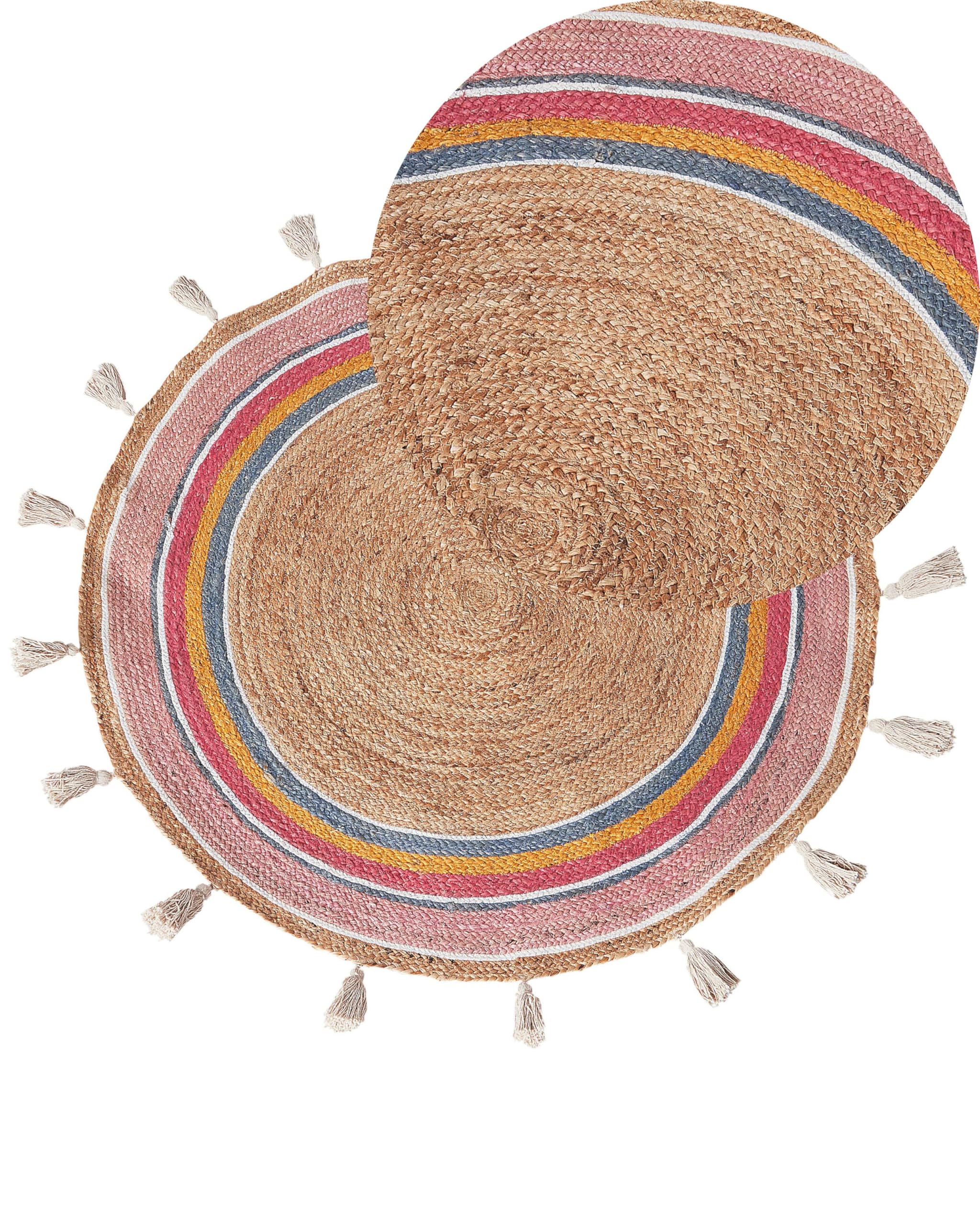 Alfombra boho infantil de yute ø 120 cm redonda tejida a mano con borlas decorativas sala de estar habitación infantil multicolor Zanavi