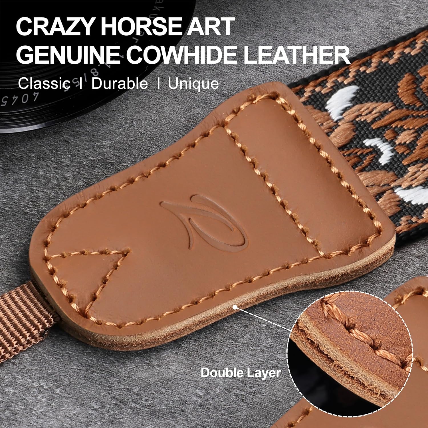 Padwa Lifestyle Brown Floral Camera Strap - 1.5" Crazy Horse Cowhide Head Cotton Strap,Vintage Embroidery Camera Straps for Photographers and All Cameras,Cute Adjustable Neck Strap for Adults & Kids