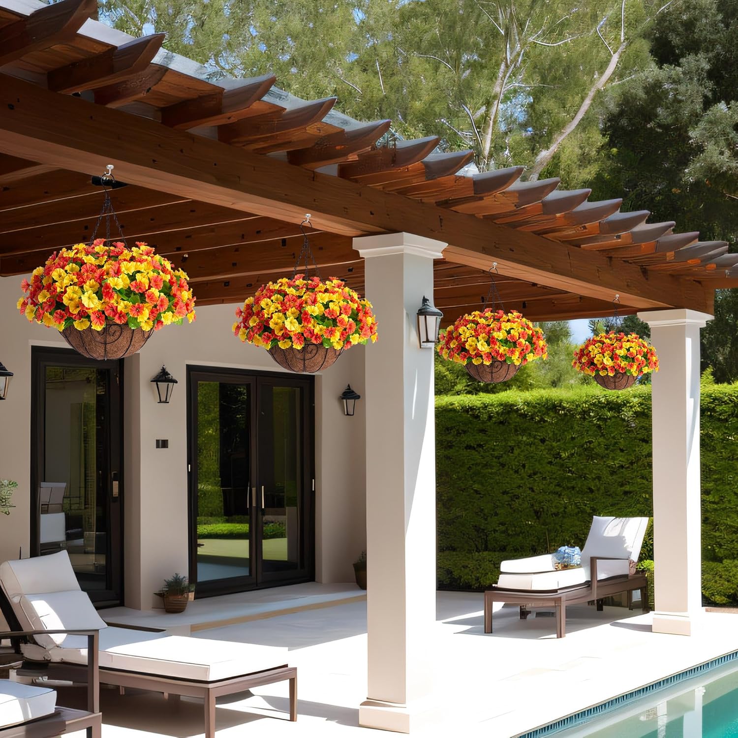 Artificial Hanging Flowers with Basket, Faux Silk Petunias Flower Arrangement, Coconut Lining with Morning Glories Fake Plants Patio Garden Porch Deck Fall Decor(Orange Yellow) - Image 9