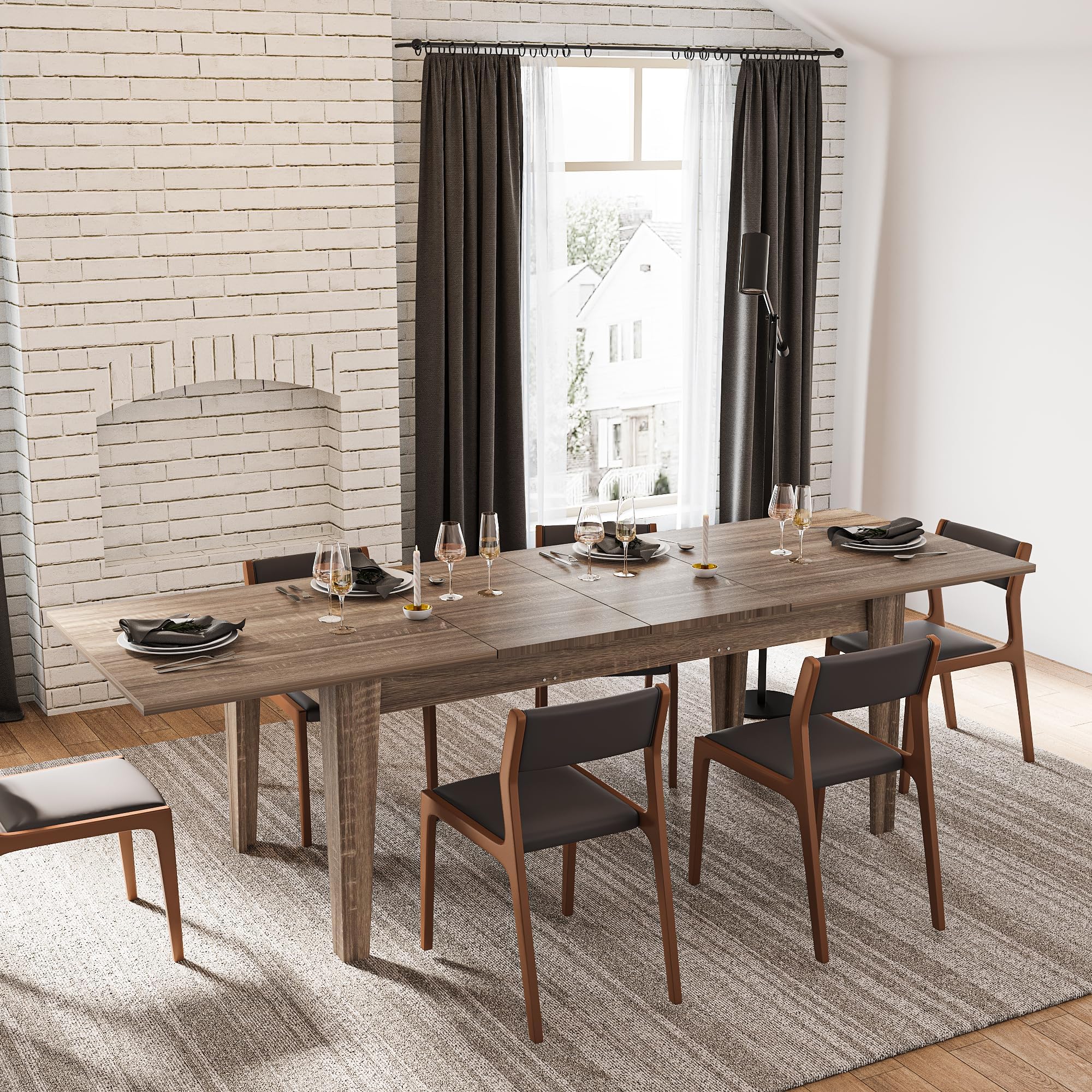 kevinplus 106.3'' Extendable Dining Table Kitchen Table for 6-8, Modern Mid-Century Rectangle Multifunctional Dining Room Table Kitchen Table for Living Room Apartment, Dark Oak