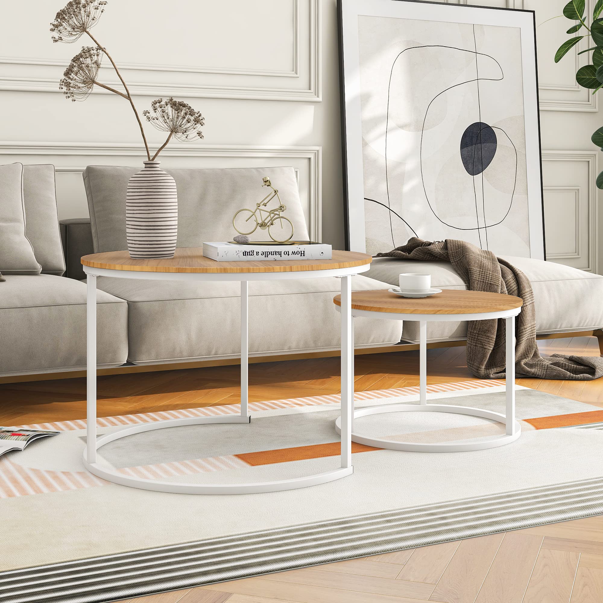 BOFENG – Lot de 2 tables basses gigognes rondes pour salon/chambre/petit espace (blanc + chêne)