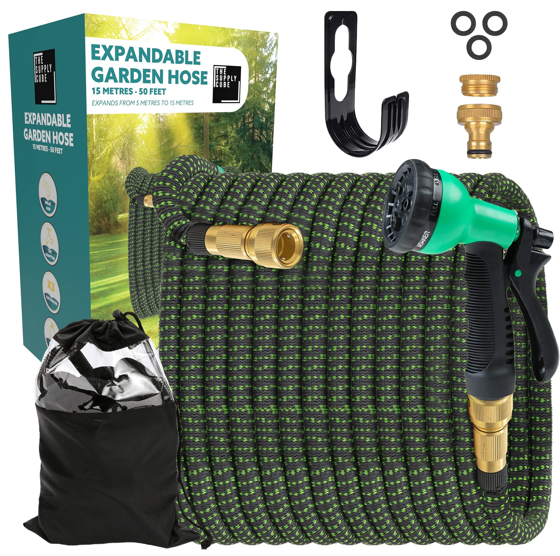 50FT Garden Hose, Expandable Garden Hose Pipe with 8 Function Spray Gun | Hose Pipe for Garden Anti-Leakage Hose Pipe Reel with 3/4" Connectors Spray Nozzle Water Gun Garden Accessories