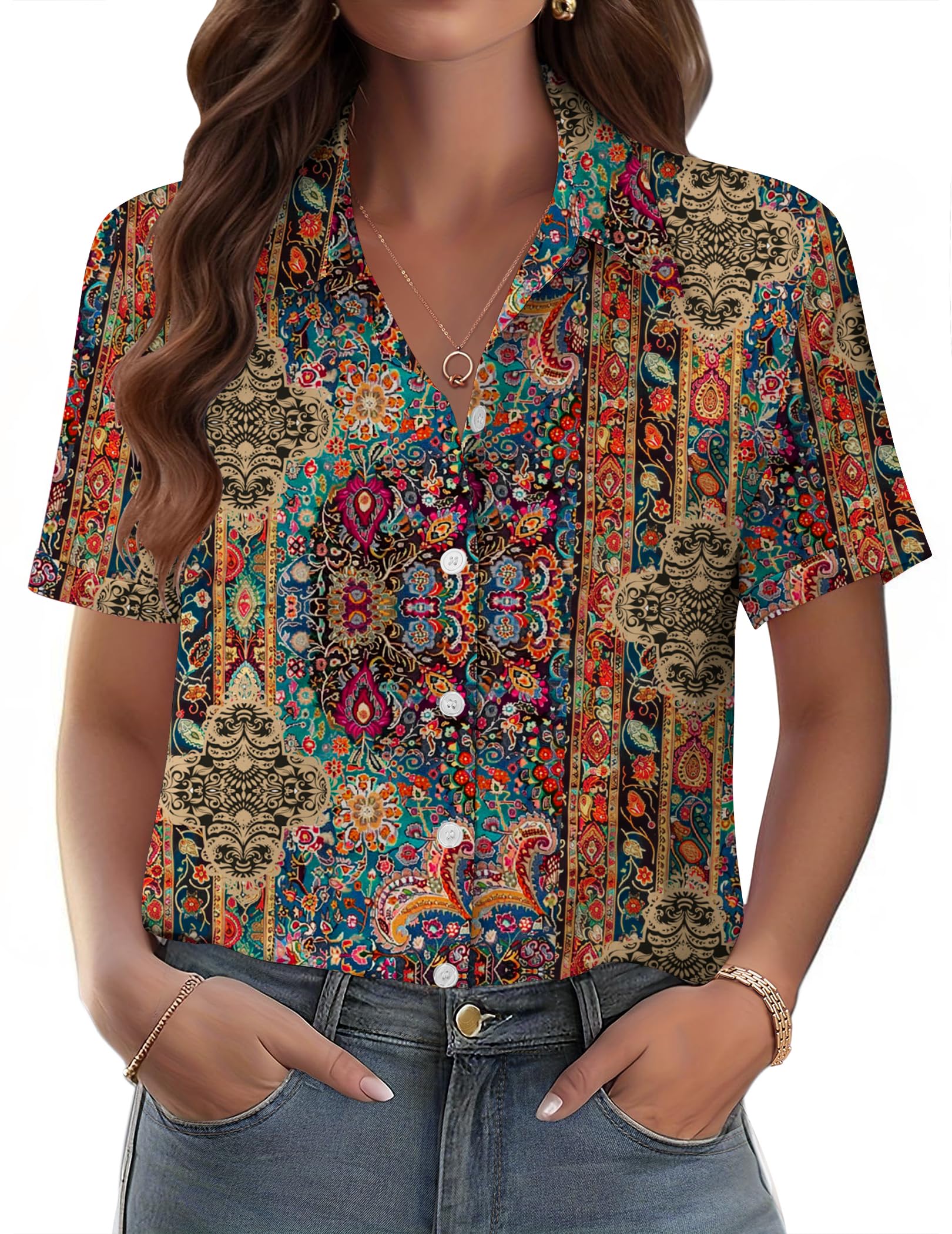 Zeagoo Womens Button Down Blouse Rolled Cuffed Short Sleeve Shirts Casual Work Blouse Summer Hawaiian Outfits