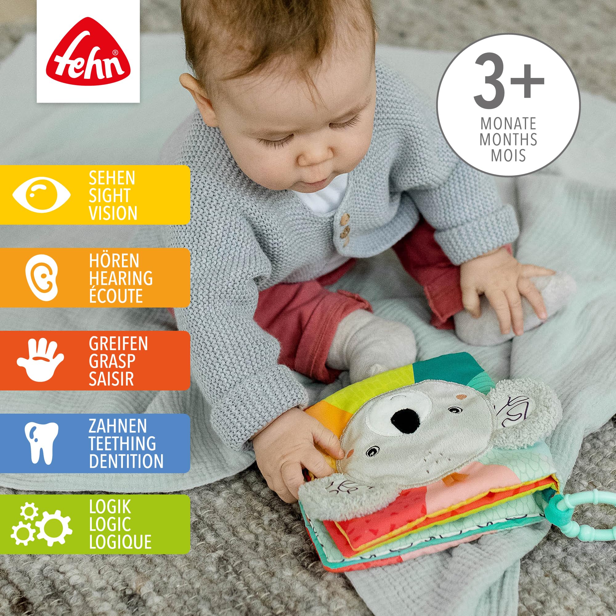 Fehn Stoffbuch Koala – Baby Fühlbuch aus Stoff mit Tier-Motiven: Knisterbuch zum Fühlen, Greifen und Staunen – zum Aufhängen für Kinderwagen und Babyschale – für Babys und Kleinkinder ab 3+ Monaten