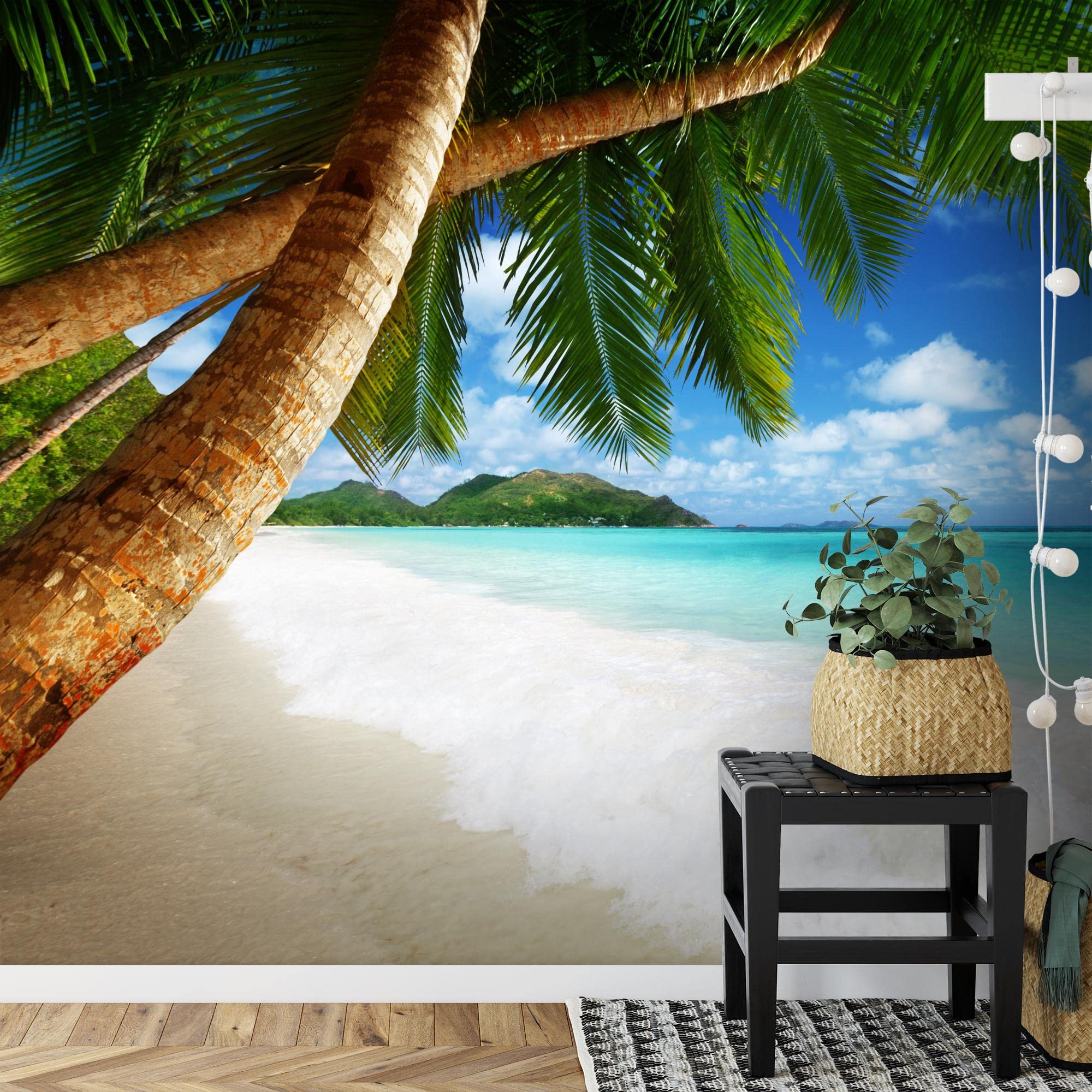 Runa Art Carta da parati fotografica 396 x 280 cm Spiaggia e mare palma | Vello Decorazione Murale Soggiorno Camera Da Letto | Manifattura tedesca | Verde blu 9004012b