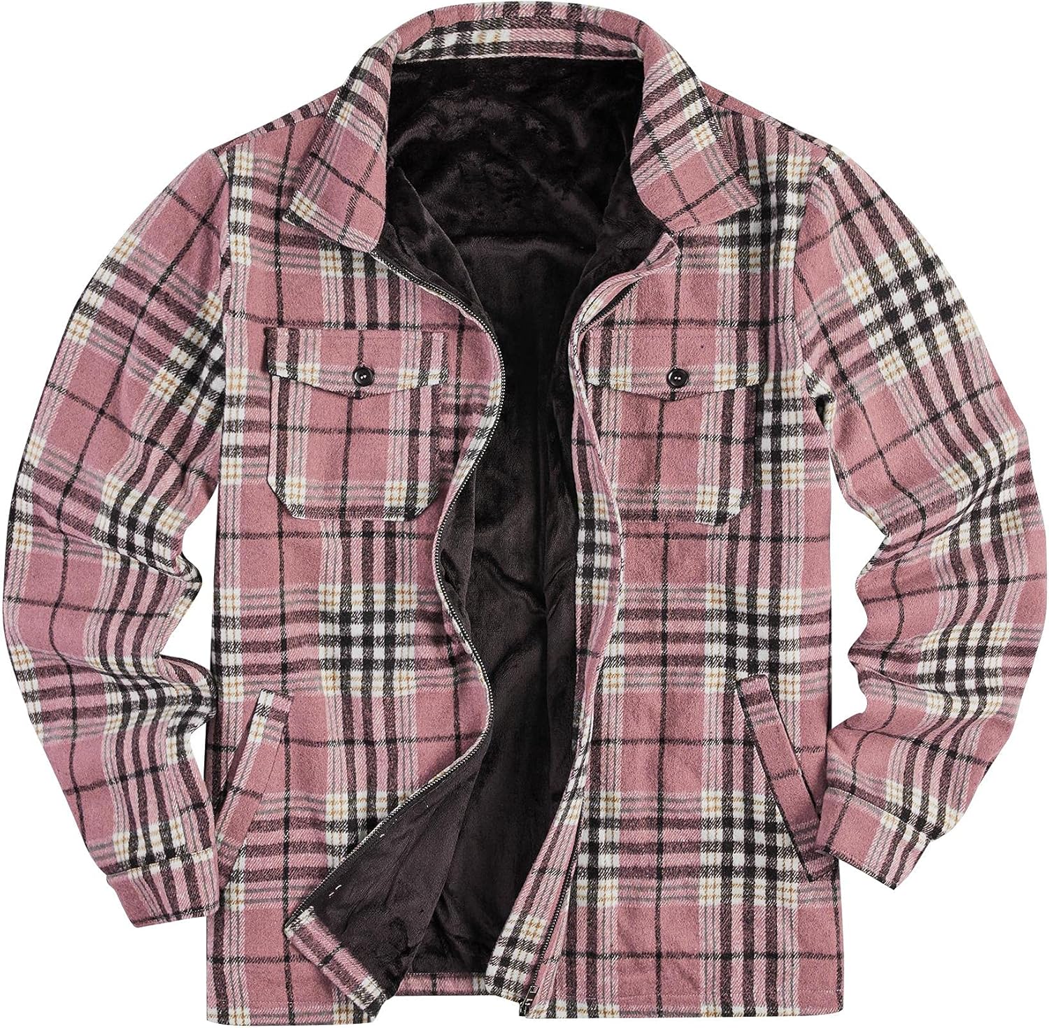 Mens Fleece Jacket Sherpa Lined Zip Up Buffalo Plaid Flannel Coat Casual Long Sleeve Warm Fall Winter Outwear