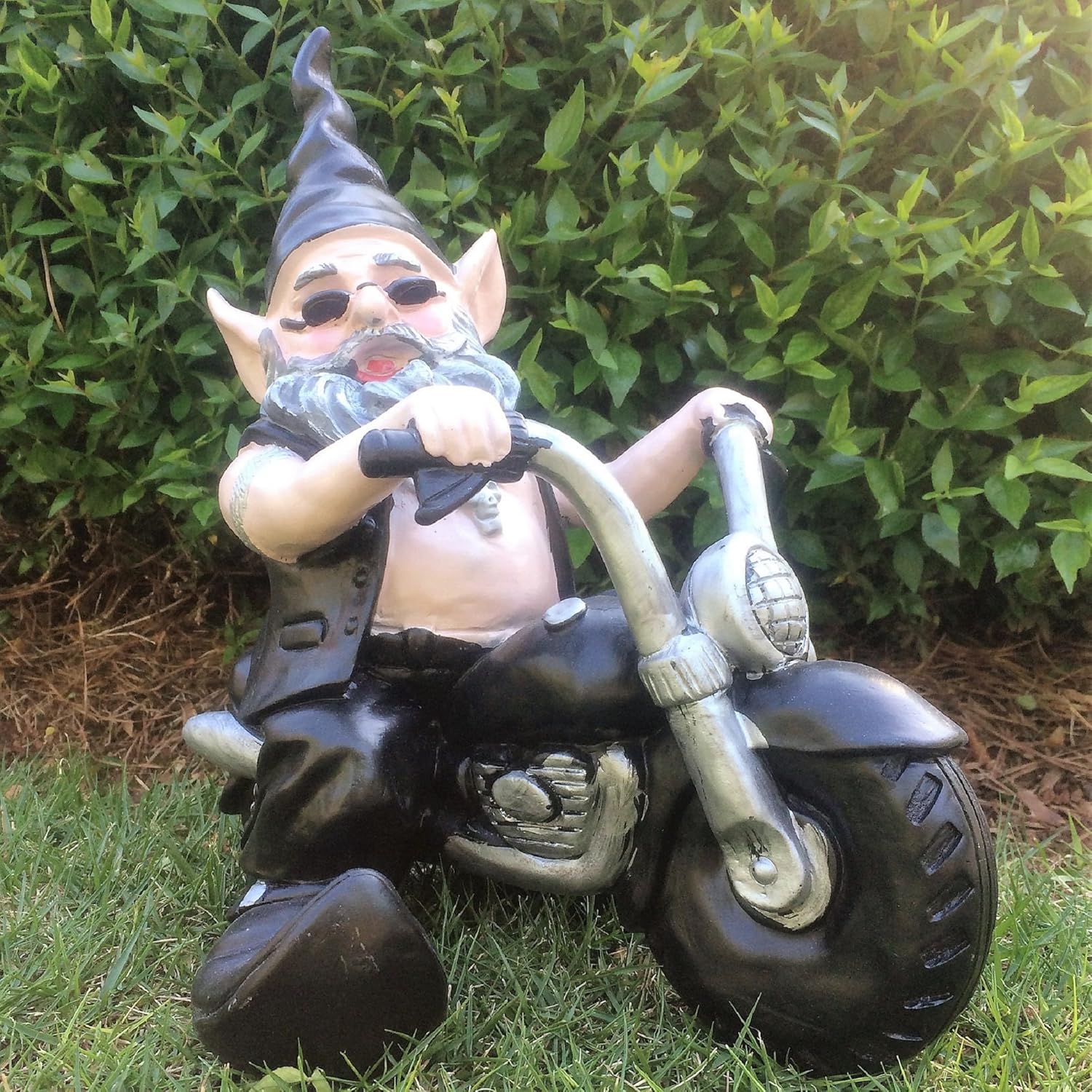 "Biker Dude & Babe The Biker Gnomes in Leather Motorcycle Gear Riding Black and White Hogs Home & Garden Gnome Statue 12" H