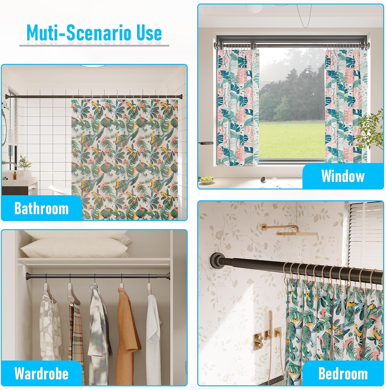DYHOME Shower Curtain Rod, 1" Dia Heavy Duty Tension Shower Rod, 32-75 inch Adjustable Spring Tension Shower Curtain Rods for Bathroom, Shower Stall, Non Slip, No Rust, No Drill, Black