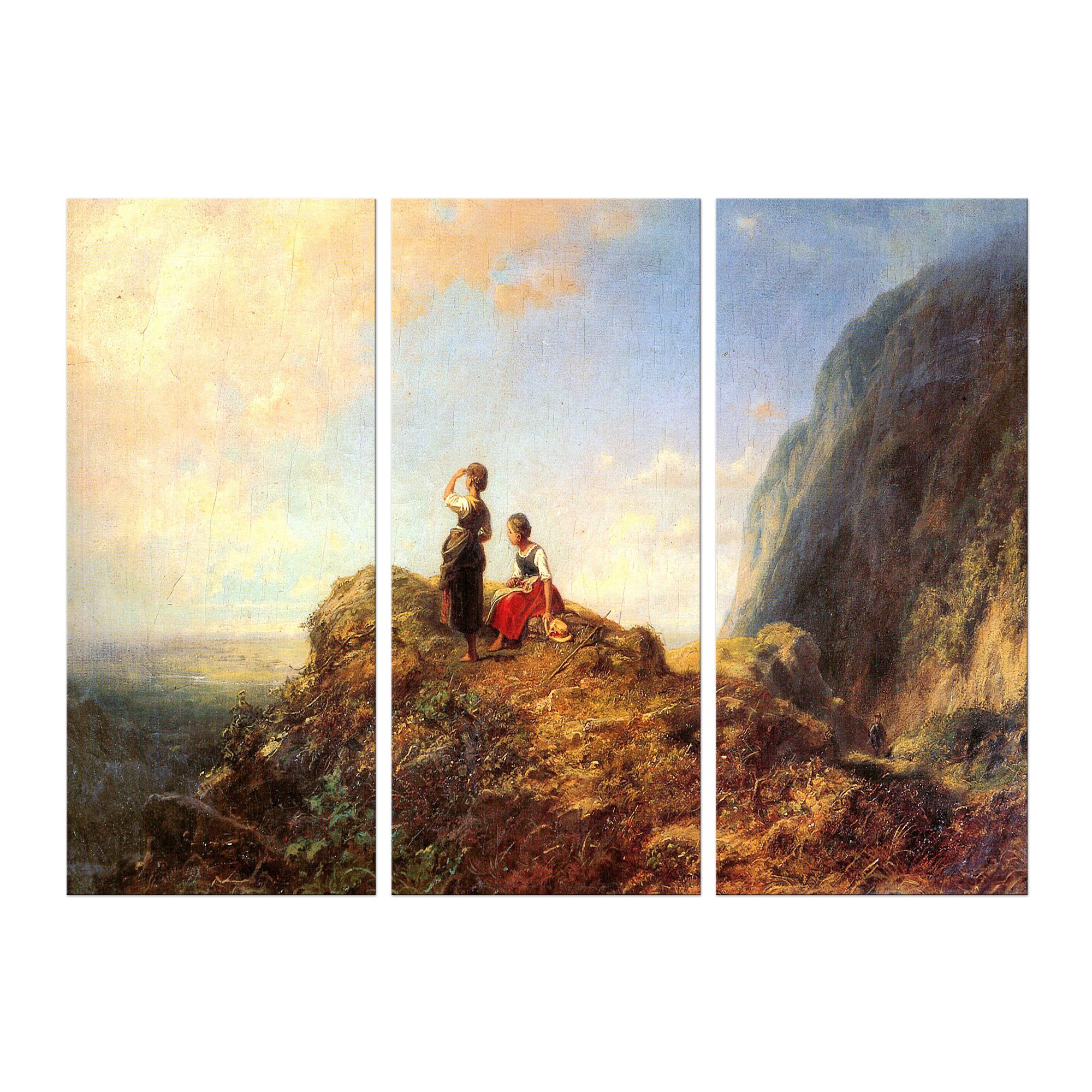 Bilderdepot24 Bild auf Leinwand | Carl Spitzweg Zwei Mädchen auf der Alm in 120x80 cm mehrteilig als Wandbild XXL | Wand-deko Dekoration Wohnung alte Meister | 180131-120x80-3tlg