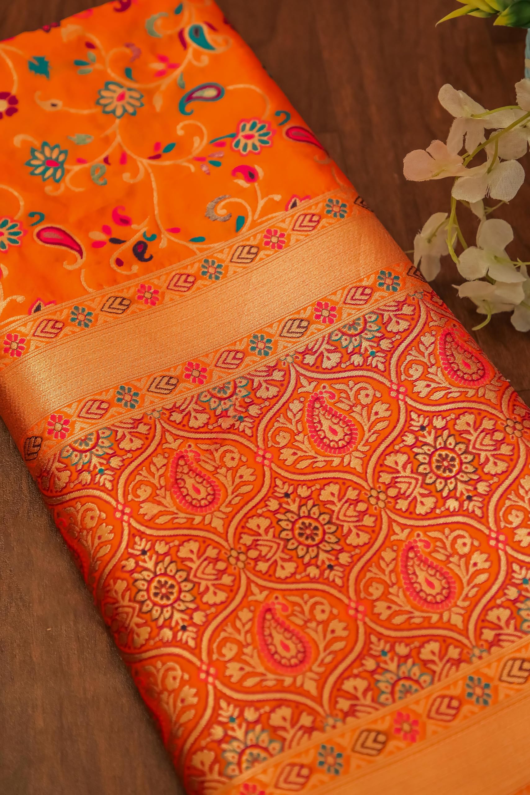 DEVANGI Women's Woven Banarasi Kashmiri Silk Jacquard Dupatta/Chunni with Meena Work, Width 1 Meter, Length 2.5 Meter (OM-DT-21-ORANGE-F) 3