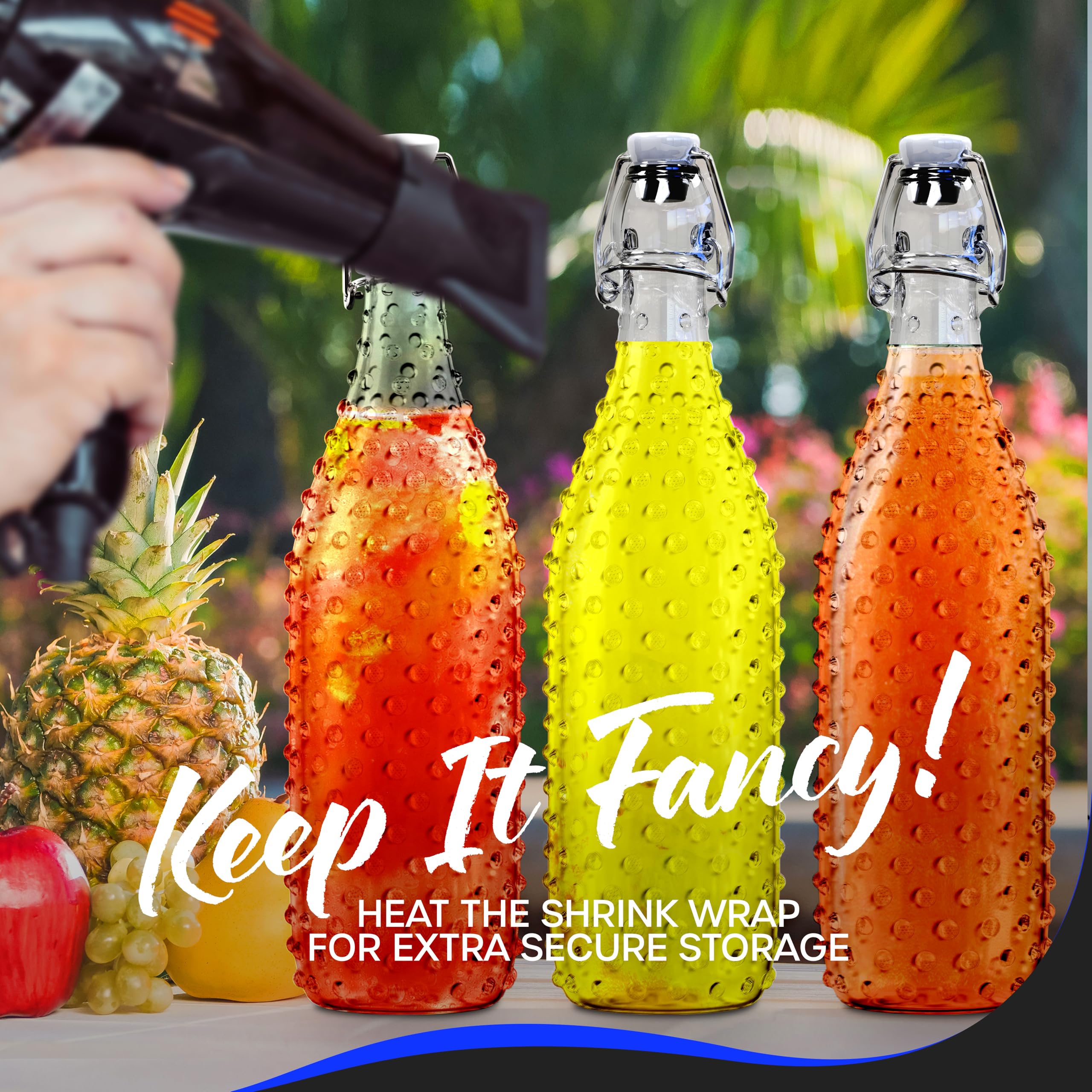 Nevlers Paquete de 6 botellas de vidrio con tapa abatible de 33 onzas | Botellas de vidrio transparentes de 1 litro con tapas, embudo y cepillo | Botellas de vino decorativas para hacer vino | Juego
