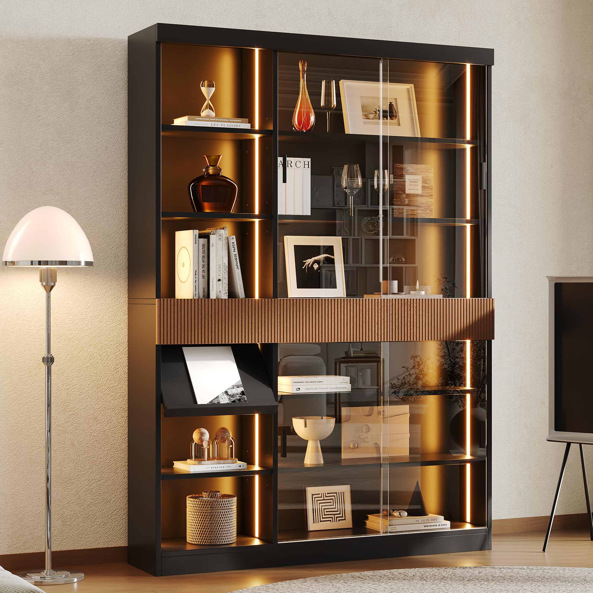 Kebnor Vitrina de 120 x 28,5 x 180 cm con iluminación LED, vitrina de cristal con puertas correderas de vidrio templado, 3 cajones, estante plegable, armario expositor para salón, oficina y comedor