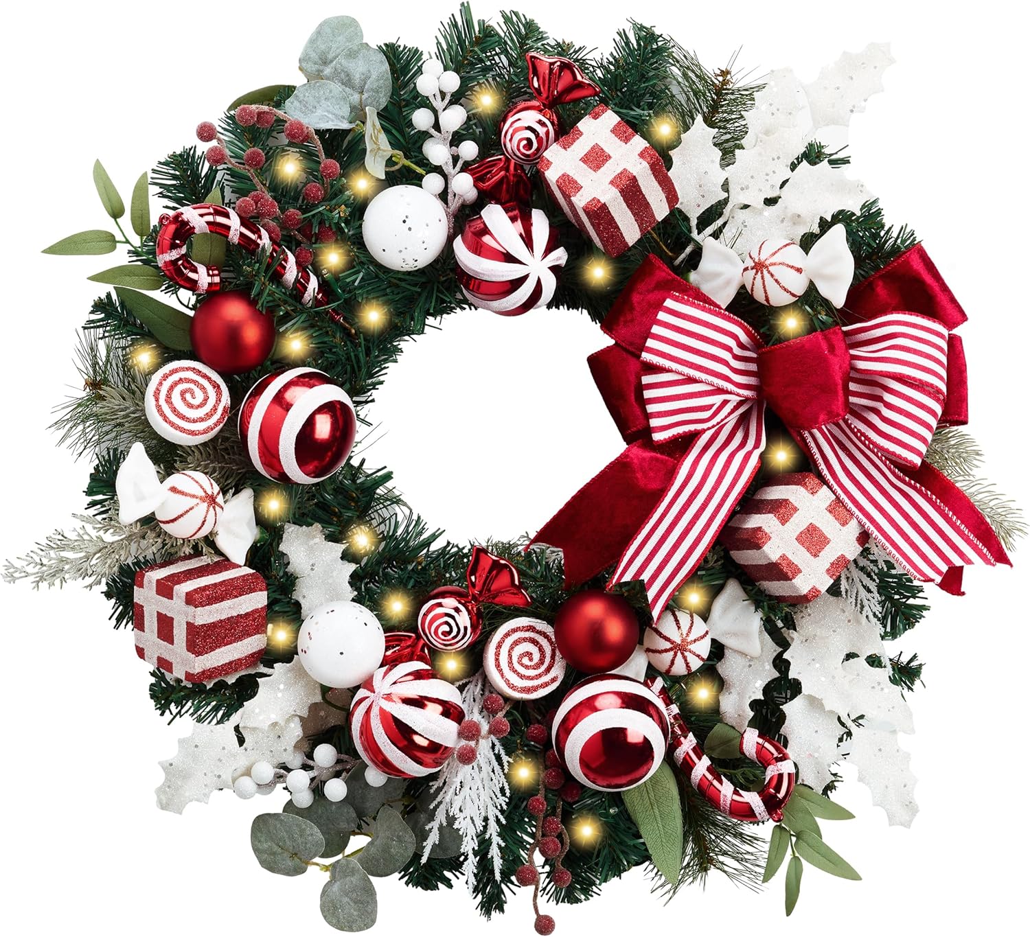 Valery Madelyn 30'' Pre-Lit Christmas Wreath for Front Door with Lights, Large Lighted Outdoor Christmas Wreath with Red White Xmas Balls & Bow for Home Porch Fireplace Window Holiday Wall Decor
