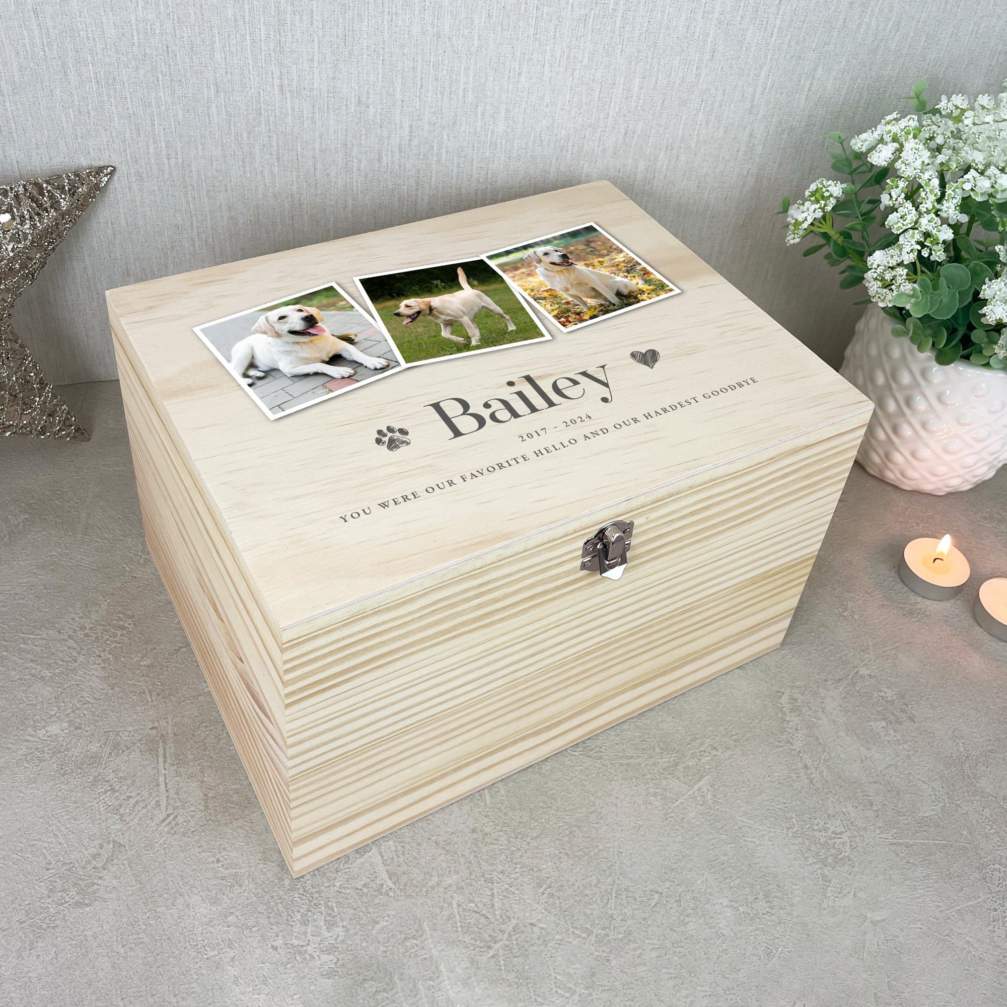 Scatola commemorativa per animali domestici, in legno, con tre foto, personalizzabile con nome, date e dedica, regalo per la commemorazione di cani o gatti, in legno di pino con cerniere e chiusura in