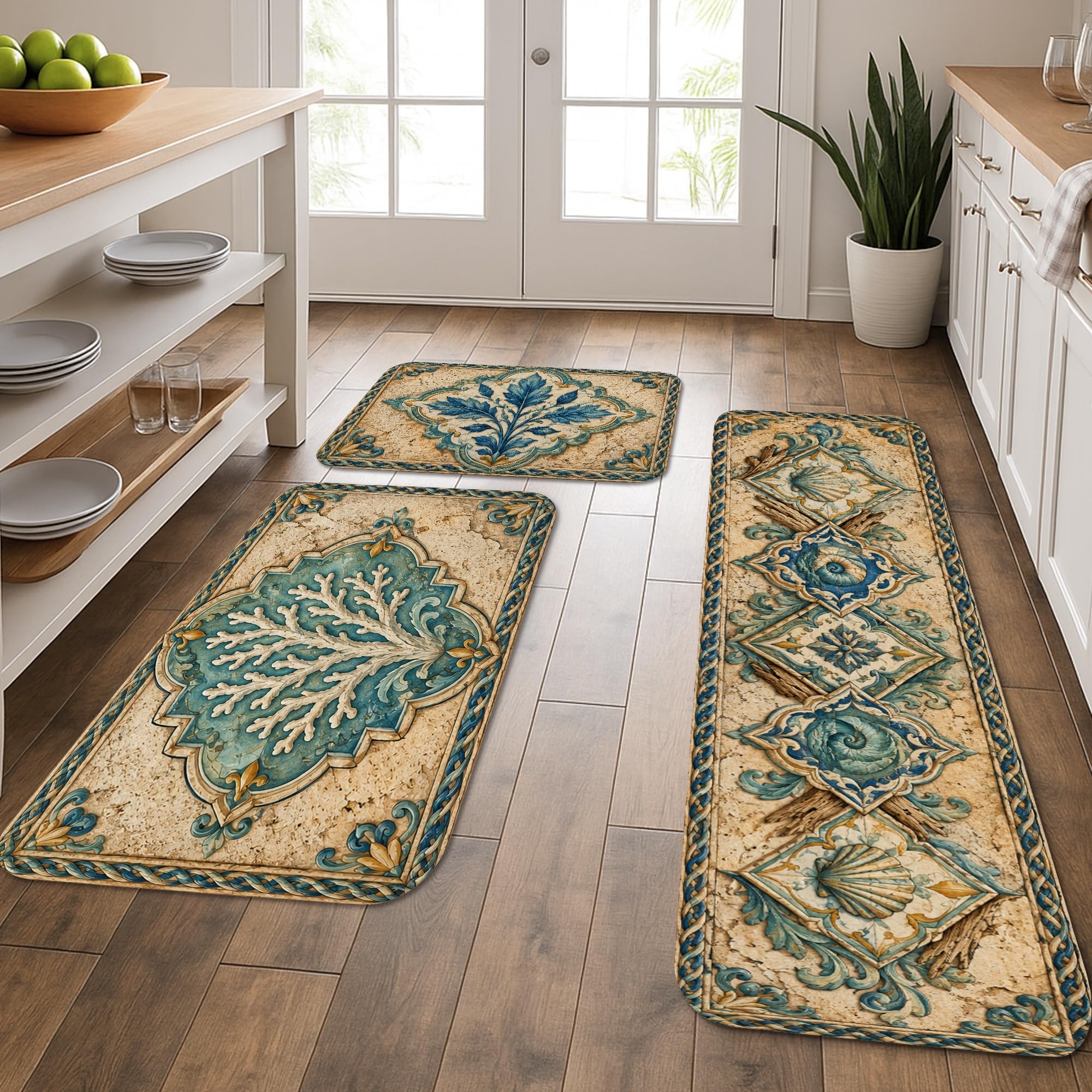 Tapis de cuisine bleu turquoise confortable pour soulager le dos devant l'évier