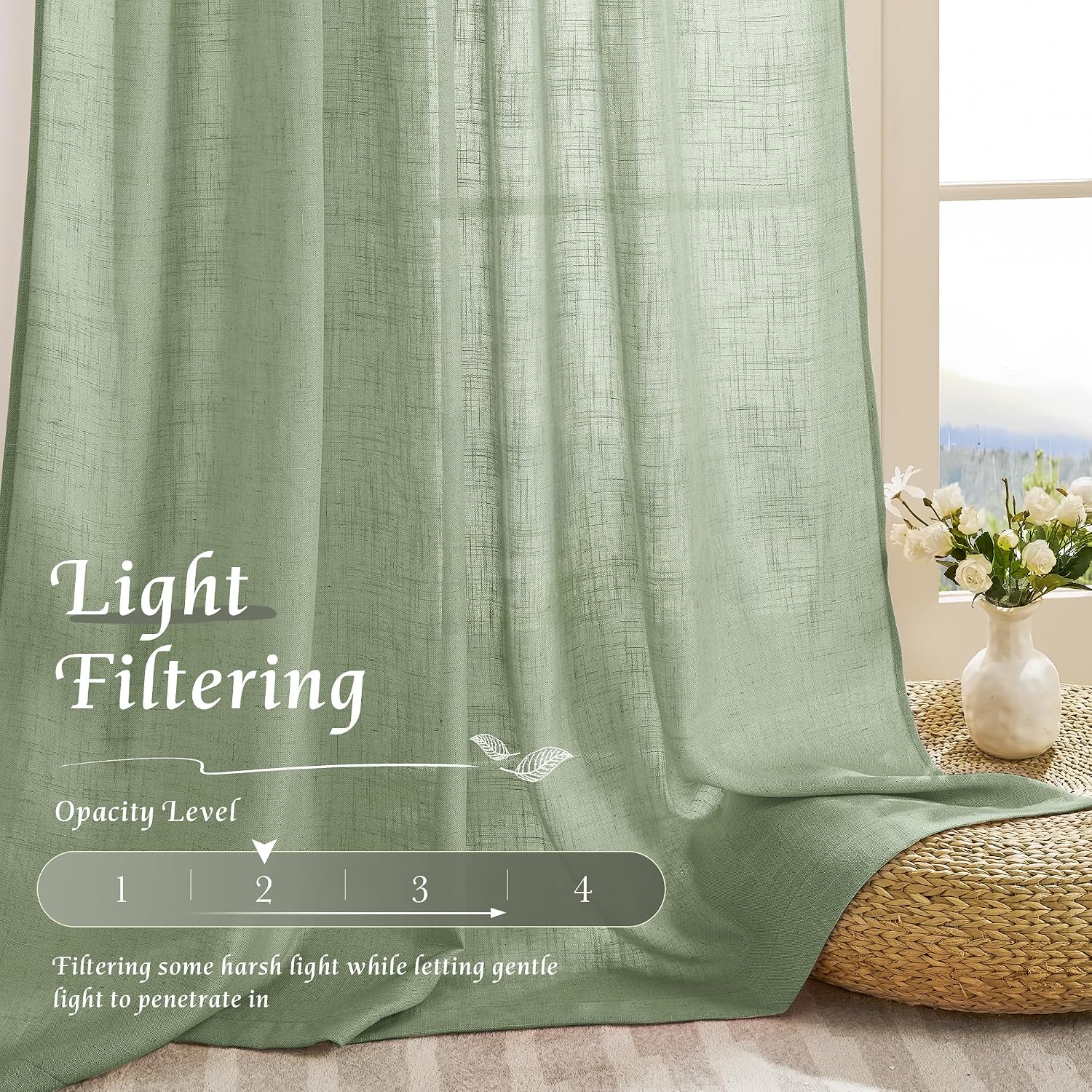 StangH Sage Green Linen Curtains 2 Panels Set, Natural Light Filtering Semi Sheer Living Room Drapes Farmhouse Style Privacy Window Treatments for Bedroom Nursery, W55 x L90