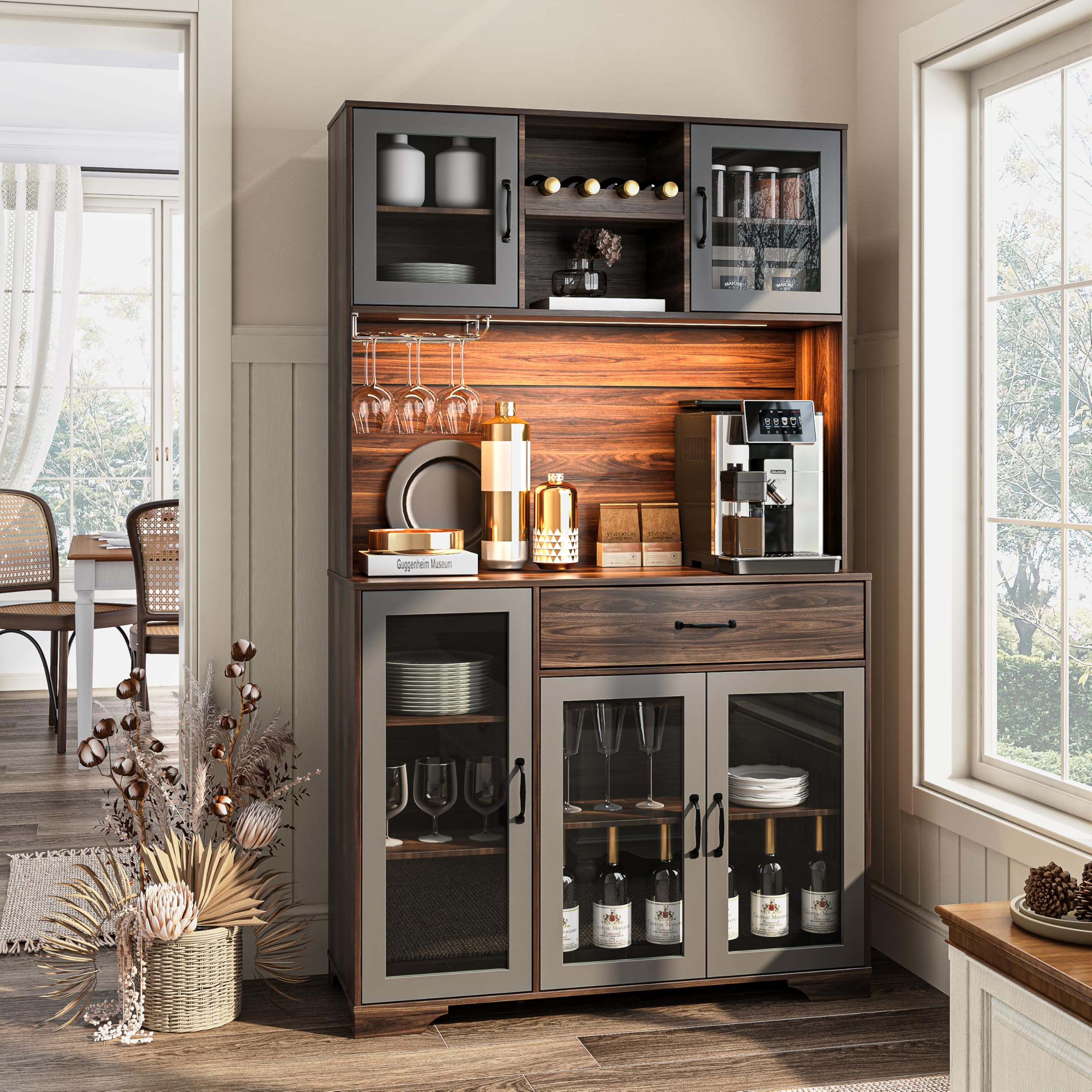 Fatmok 71" Pantry Cabinet, Coffee Bar Storage Cabinet with Charging Station & LED Lights, Tall Kitchen Hutch Food Pantry Cabinet with Wine Rack,
