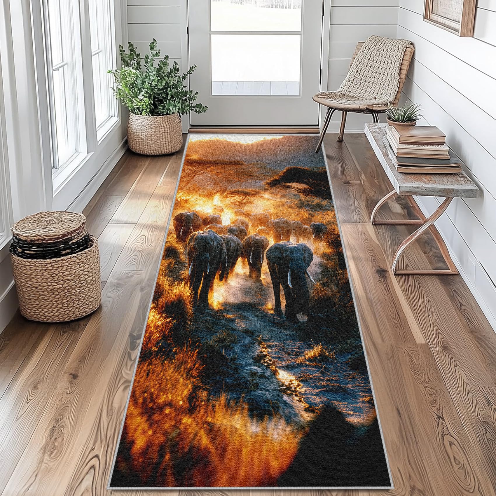 Generisch Elefanten Teppich Läufer Flur Lang, Tierwelt Teppichläufer Flur rutschfest Küchenläufer 80 x 150 cm Waschbarer Flurläufer für Küche, Eingang, Wohnzimmer Schlafzimmer UG&I13