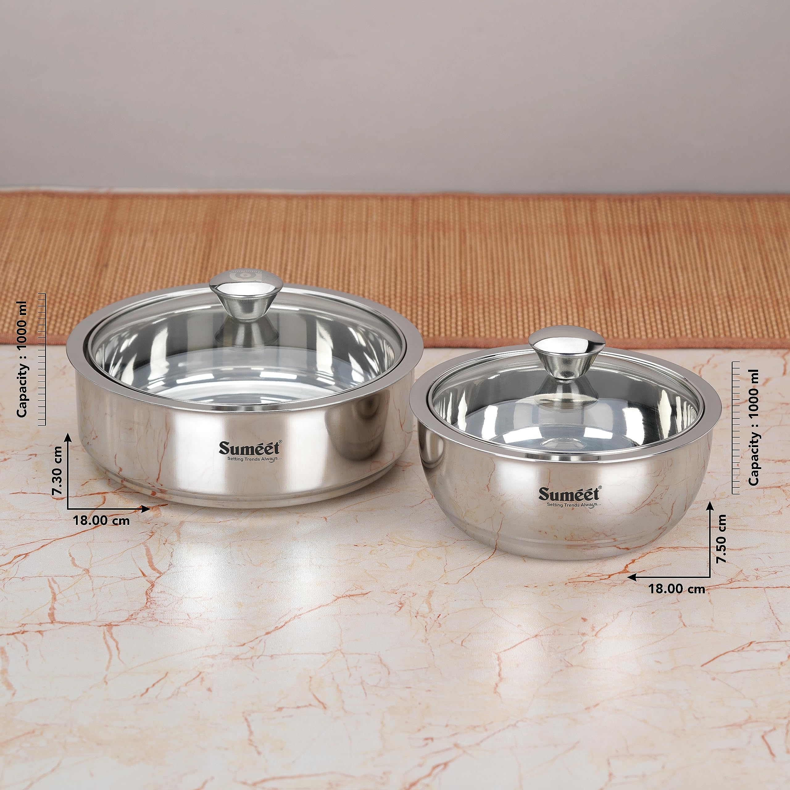 Sumeet Smart Serve - Set di 2 pentole isolanti in acciaio inox per sabji/sugo e roti/chapati da 1 l ciascuno, colore: argento