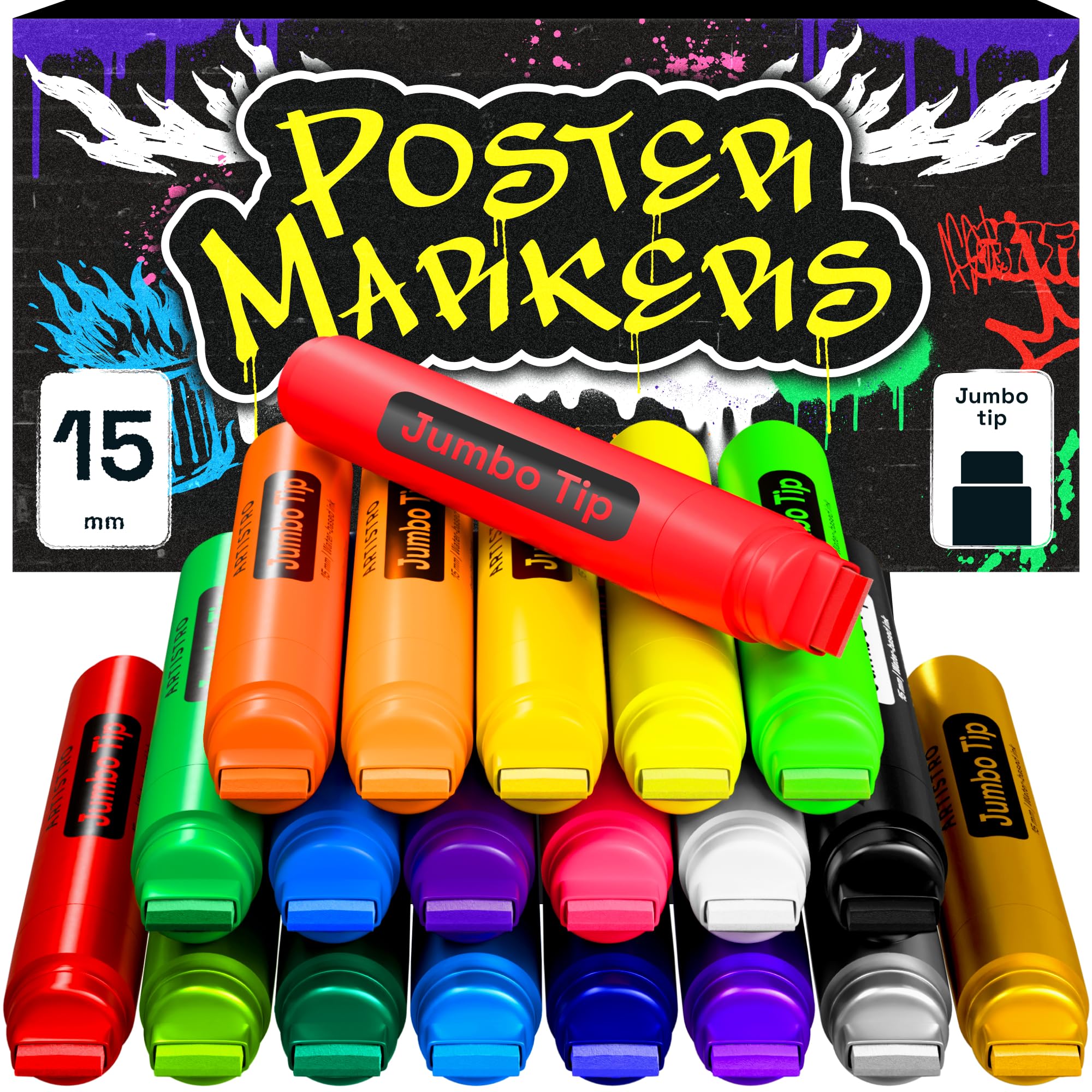 Artistro 20 Jumbo Acrílicos Markers con Técnica de Pincel 15mm para Muros, Posters, Cuadernos de Arte, Tagging y Calligrafía