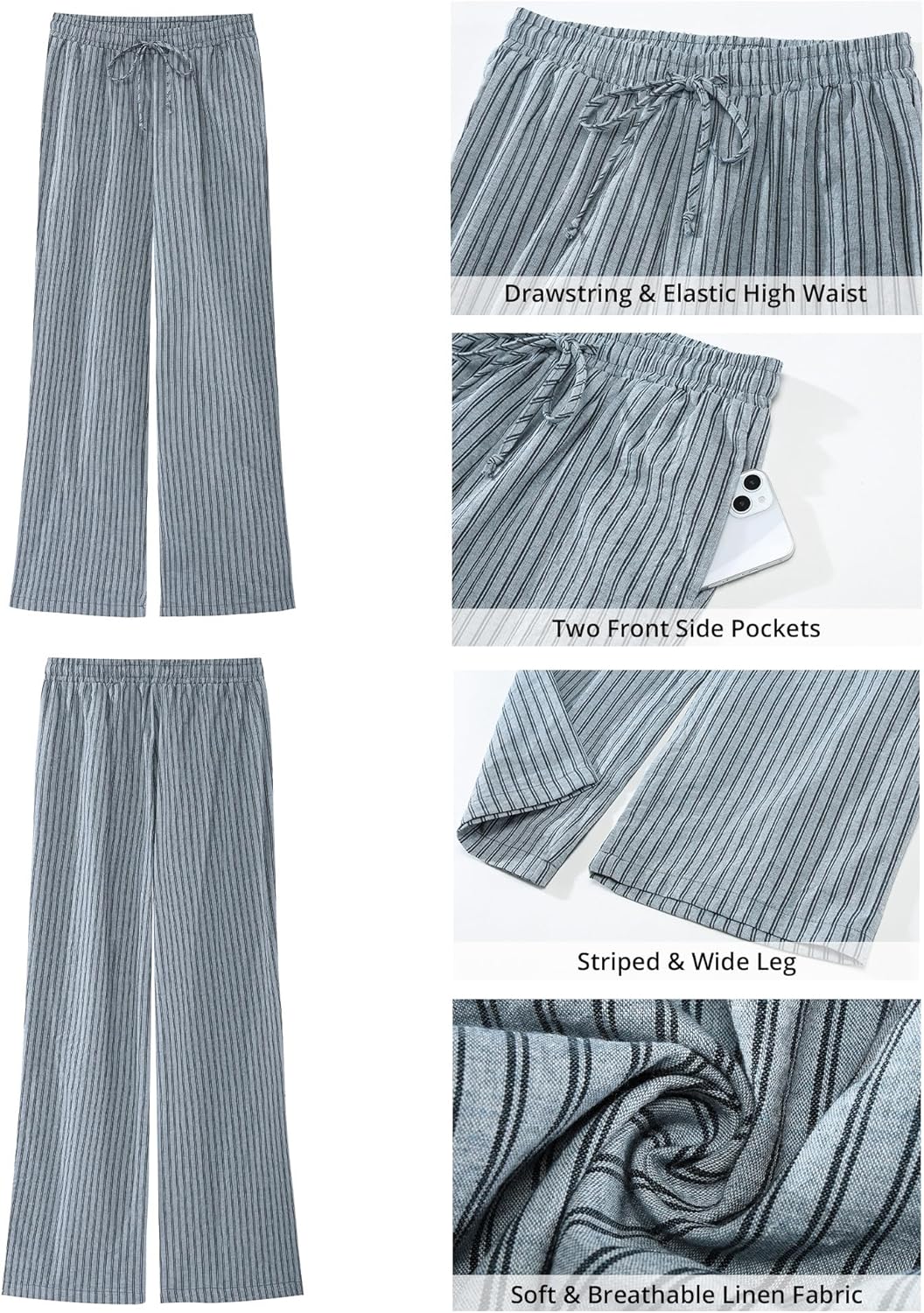 GRAPENT Striped Pants for Women High Waisted Wide Leg Cotton Linen Trendy Beach Pull on Elastic Waist Casual Flowy Pants - Image 6