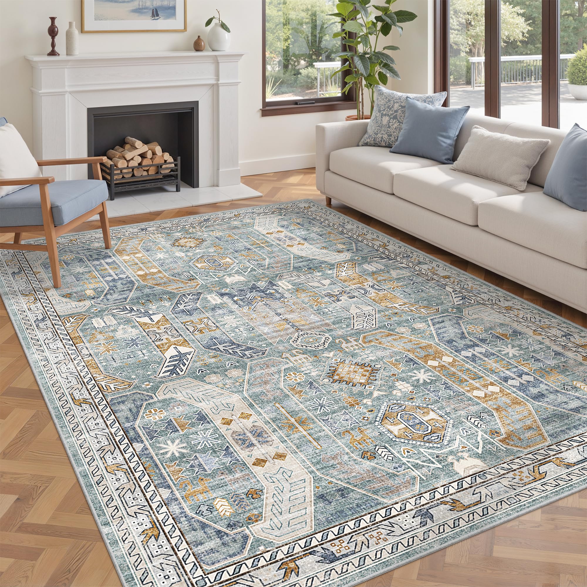 befbee 6x9 Area Rugs for Living Room - Stain Resistant Machine Washable Rugs for Bedroom,Non-Slip Backing Large Area Rug (Blue/Gold, 6'x9')