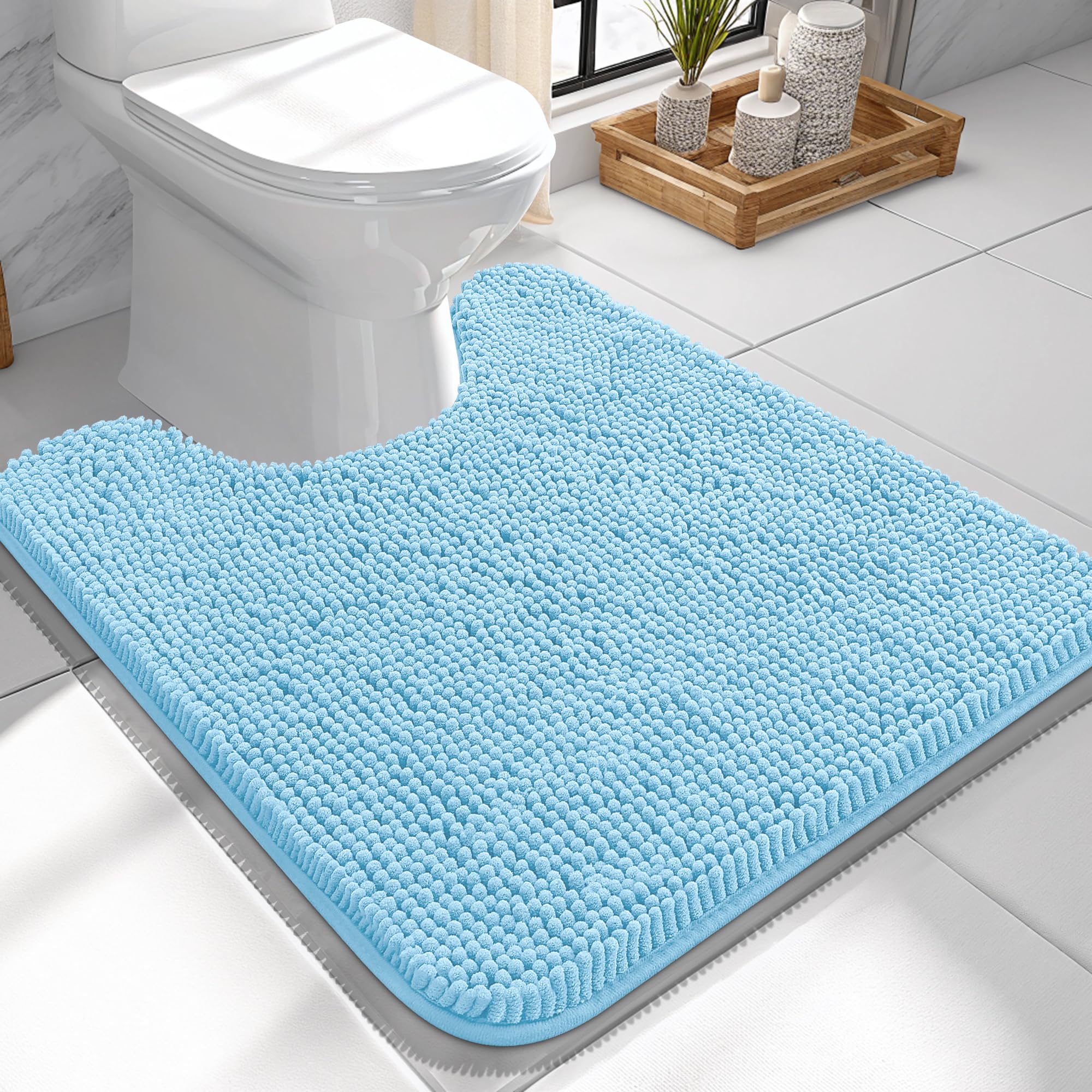 OLANLY Toilet Rugs U-Shaped 24x24, Soft Absorbent Chenille Contour Rugs | Sky Blue, Quick-Drying Rubber Backing, Machine Washable Non-Slip Shaggy Bathroom Mat for Toilet, Home Decor Accessories