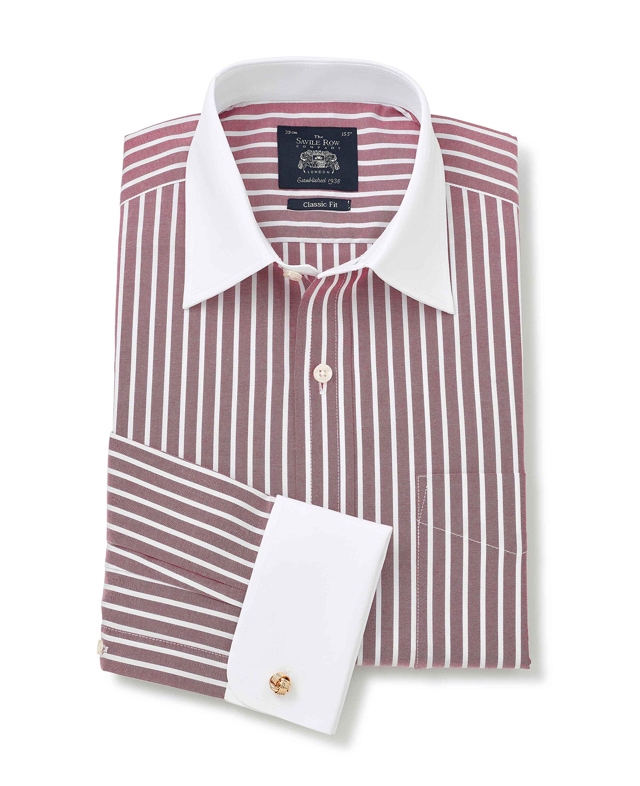 THE SAVILE ROW COMPANY LONDON Men's Classic Fit Cotton Poplin Formal Shirt - Double Cuff - Dark Red White Stripe with White Collar & Cuffs - 19.5" Collar - Standard