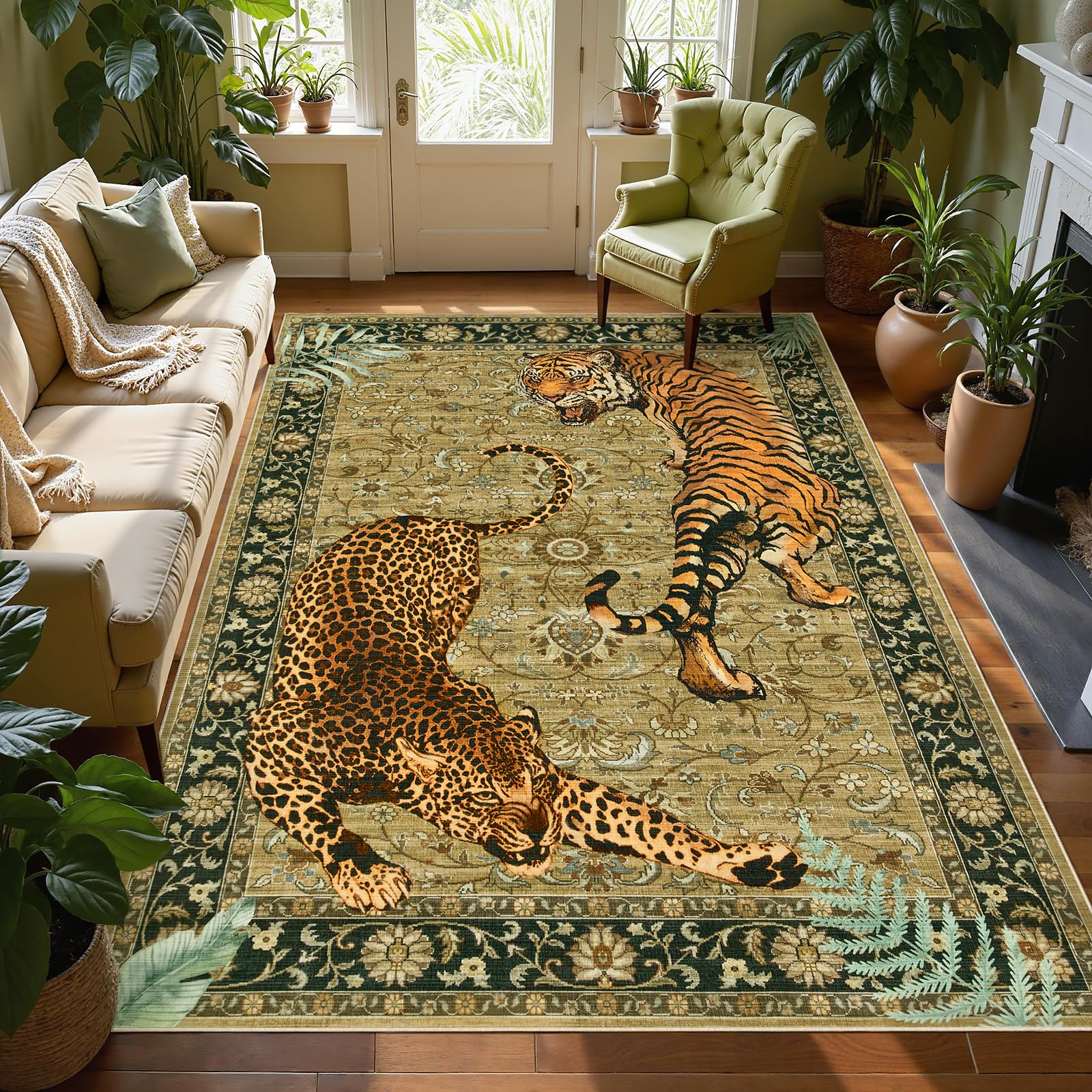Joydeco Tiger Cheetah Animal Print 5x7 Washable Living Room Bedroom Rug