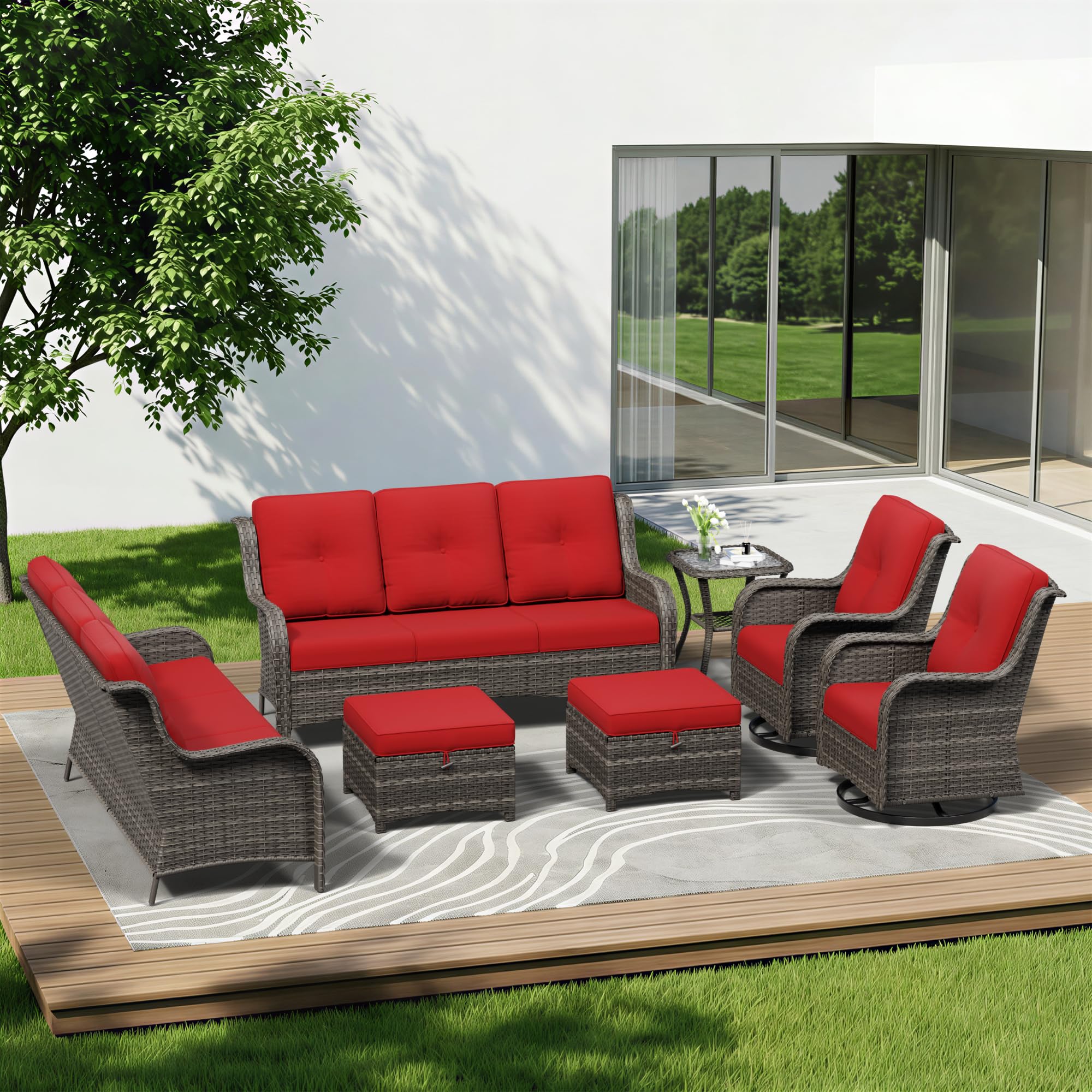 7 Piece Outdoor Wicker Patio Furniture Set, Outdoor Swivel Rocker Patio Chairs Set with Thickened Olefin Cushions, High Back and Deep Seating, Hand-Woven PE Rattan for Porch, Deck