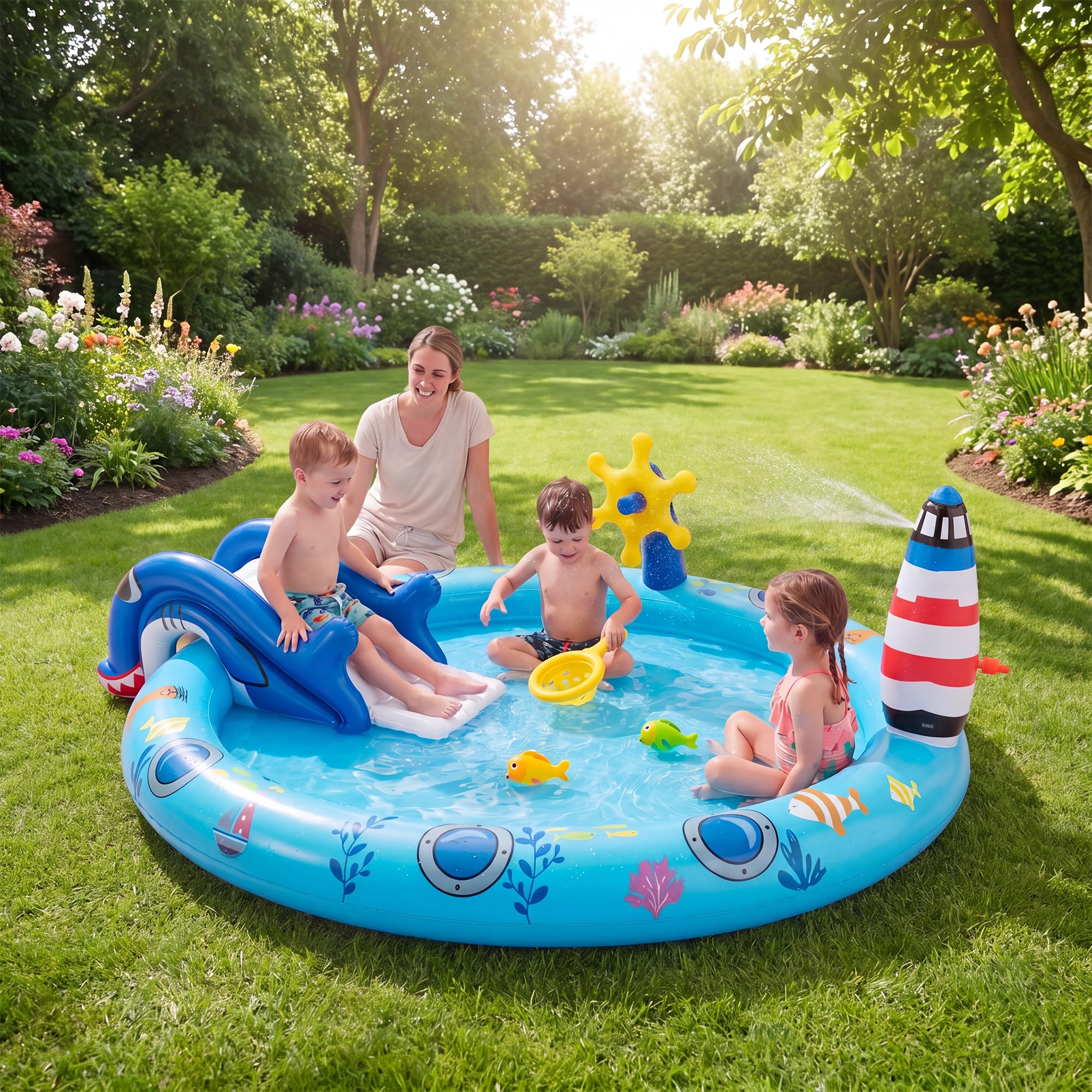 SOARS Piscina Gonfiabile Bambini, Parco Giochi Acquatico a Tema Marino con Scivolo, Irrigatore, Timone, 2 Pesci Giocattolo, Retino e 2 Toppe di Riparazione per Bambini 2-6 Anni, 188 X 153 X 63 CM