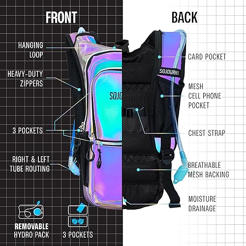Miniatura 4 de SoJourner Bags, Rave Hydration Pack - Bolsa de agua de 2L incluida, para festivales, raves, senderismo, ciclismo, fiestas, escalada, carrera y más