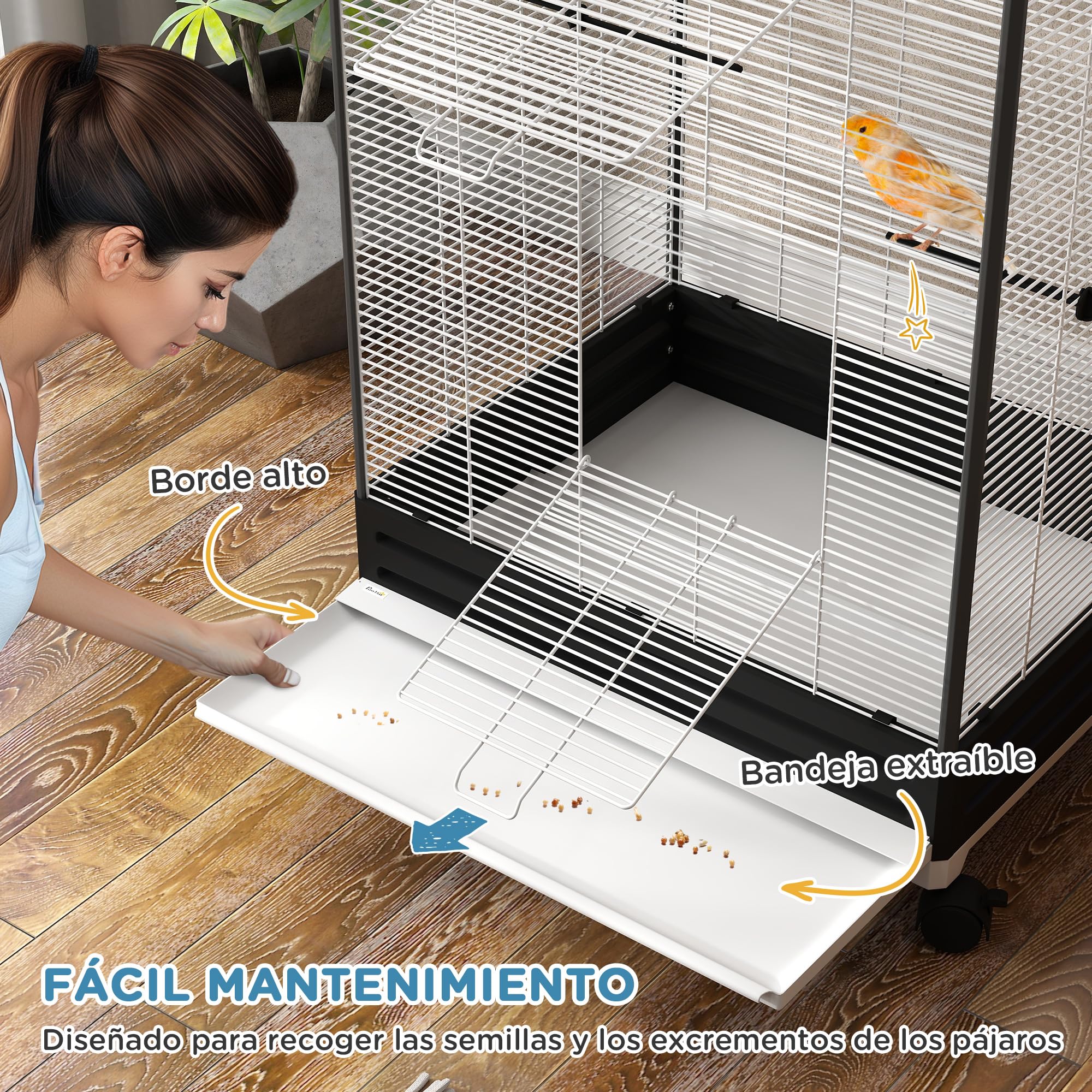 PawHut Jaula para Pájaros con Ruedas Pajarera Metálica con Bandeja Extraíble 4 Puertas 2 Comedores 8 Perchas para Canarios Periquitos 79x65x155 cm Negro