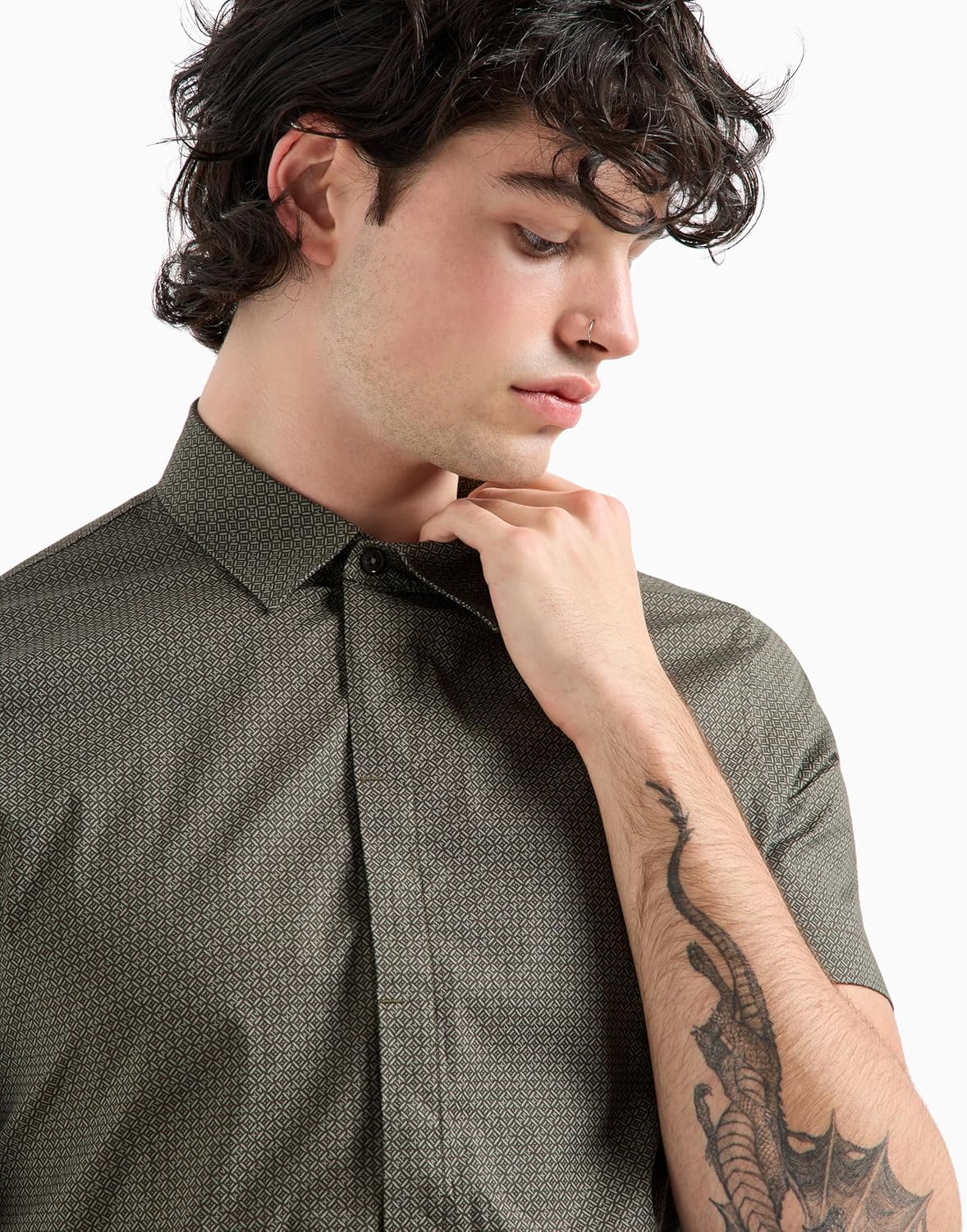 Armani Exchange Mens Slim Fit Stretch Cotton Poplin Button Down with Micro Diagonal Grid Print - Image 2