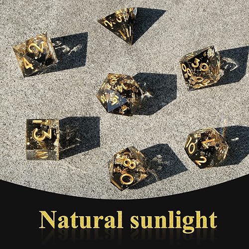 Miniatura 6 de Juego de dados DND hecho a mano de 7 accesorios, dados de borde afilado para juegos TTRPG de mazmorras y dragones, dados poliédricos de múltiples