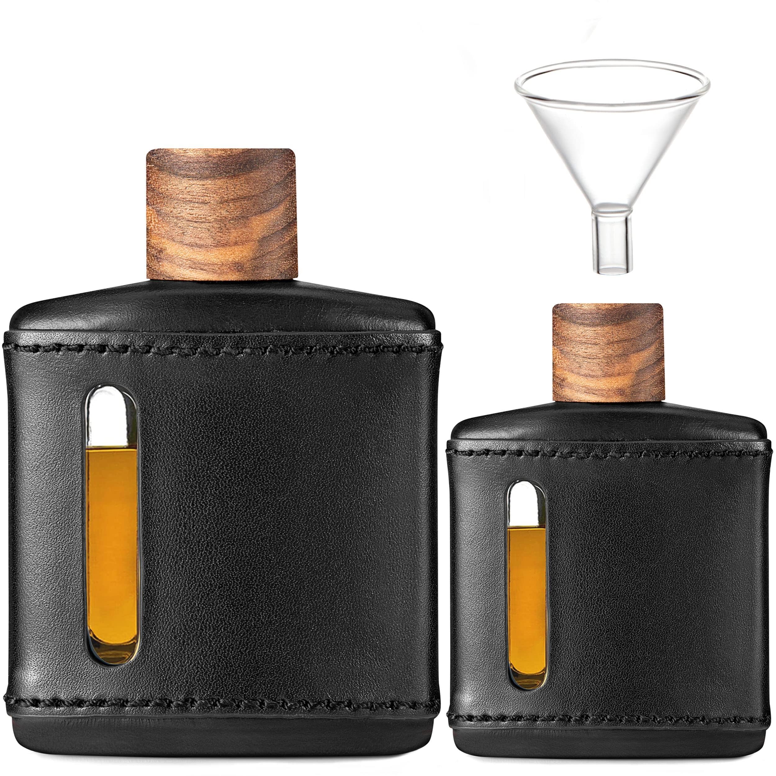 Garybank Handmade Genuine Leather Hip Flasks for Whiskey Liquor for Men, Fathers Day Glass Flask Gifts Idea with Funnel & Wood Lids Leakproof for Hennessy Liquor & Spirits(100ml + 200ml)