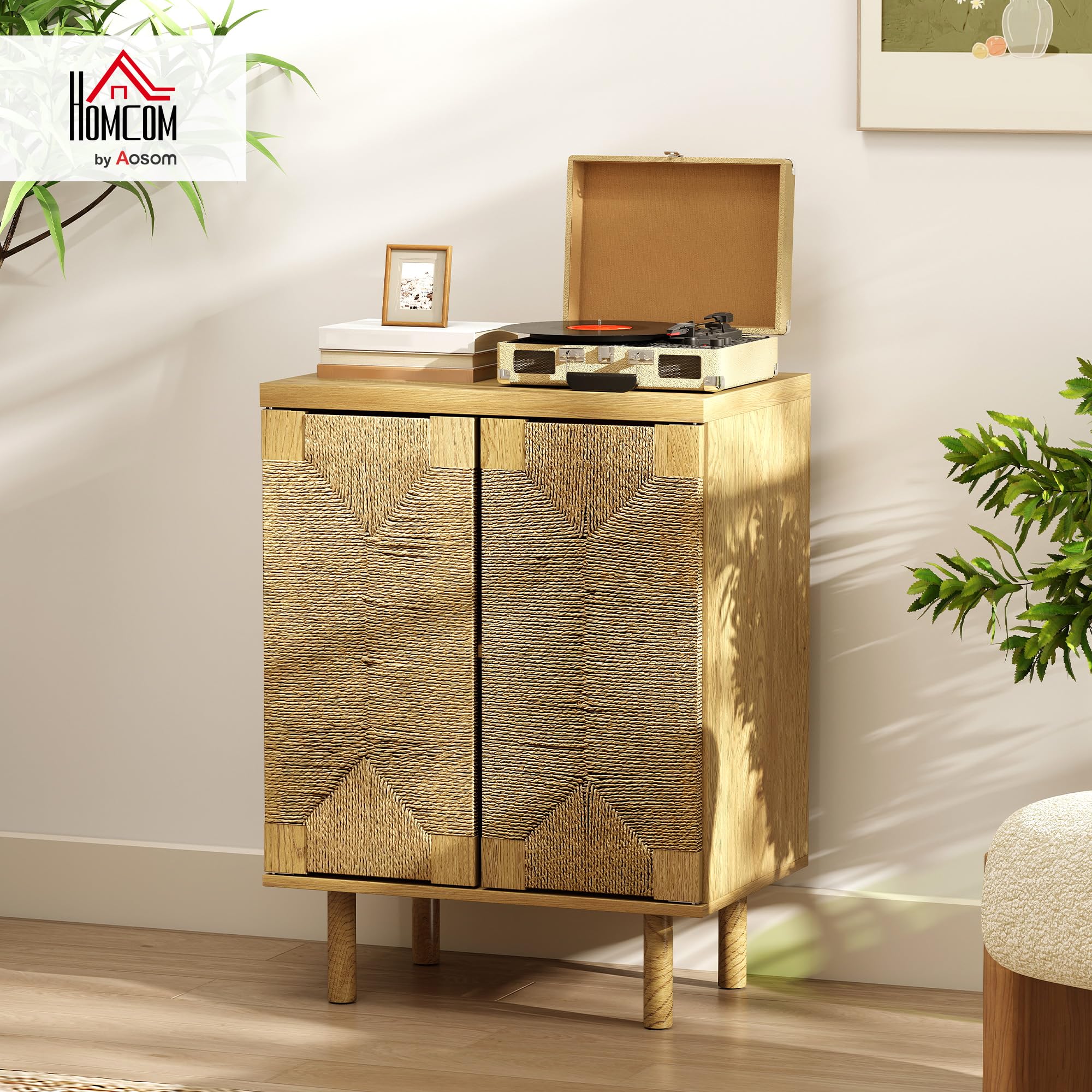 HOMCOM Aparador Bohemio de 2 Puertas con Cuerda Trenzada Roble 60x40x78 cm | Manual, Aparador de Salón, Estante Regulable, Apertura Push, Patas de Madera