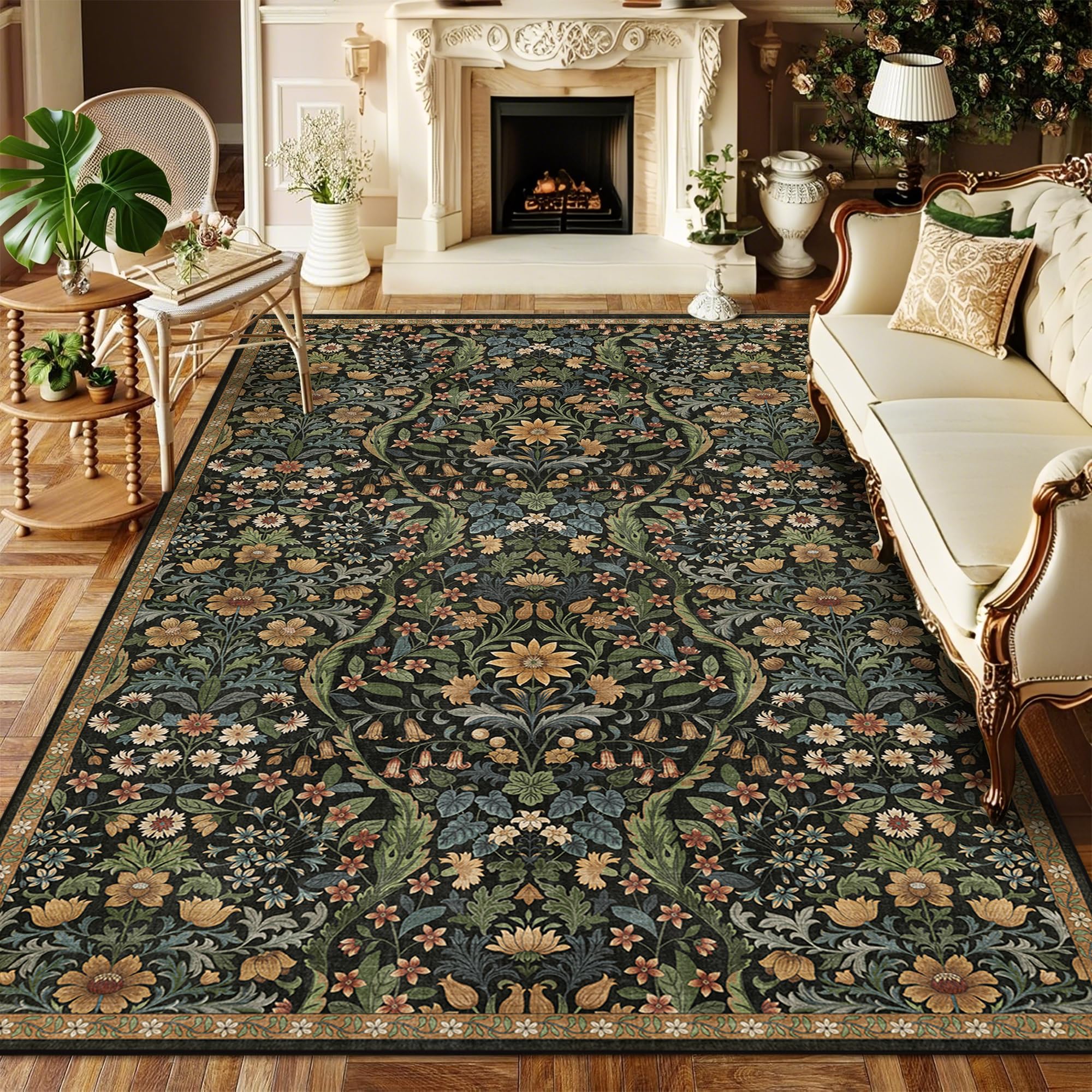 Floral Area Rug 5x8 Washable Botanical Carpet for Living Room