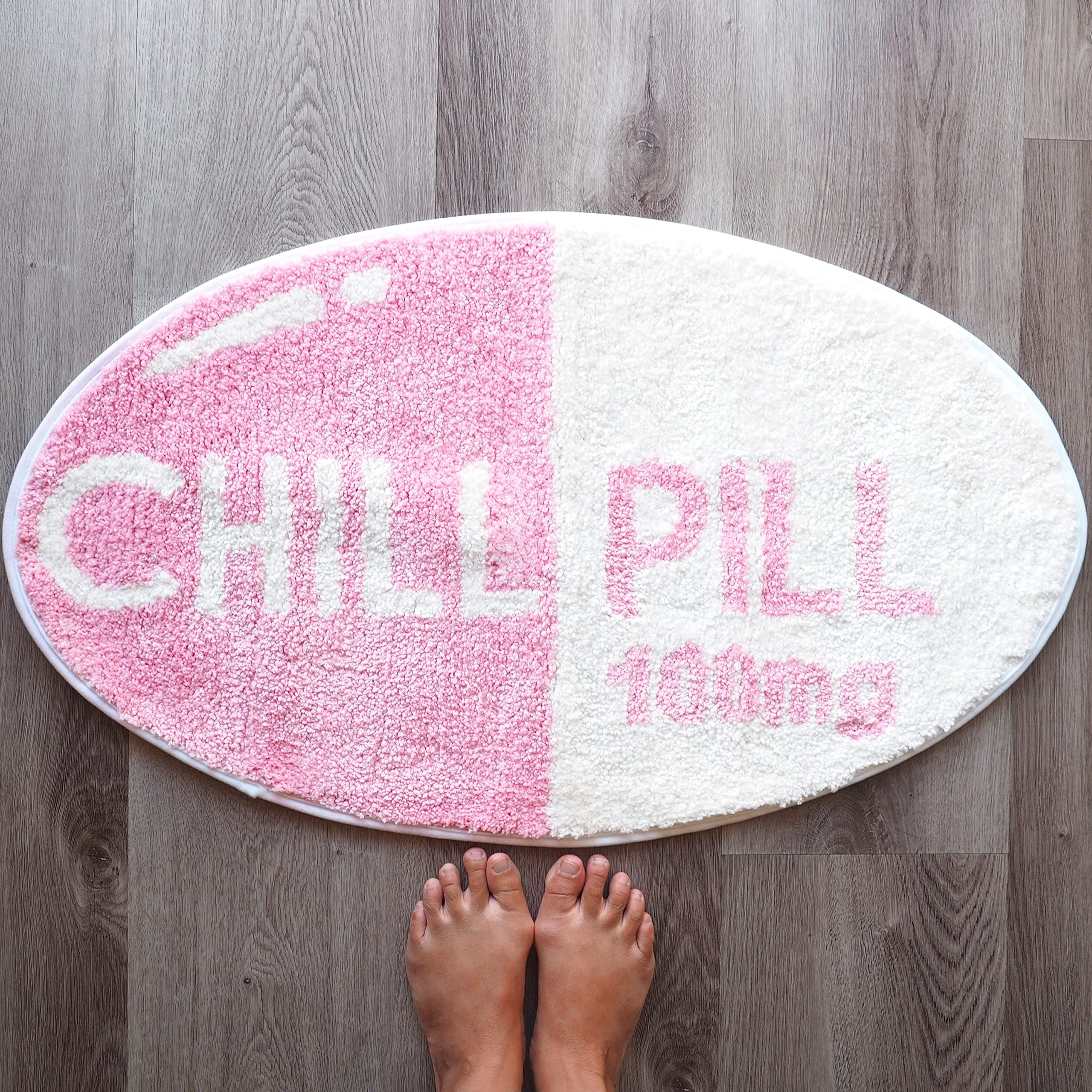 Evovee Pink Chill Pill Rug Funny Bath Mat Cute Bathroom Decor Shower Rugs Funky Bedroom Aesthetic Fun Round Preppy Cool Apartment College Washable