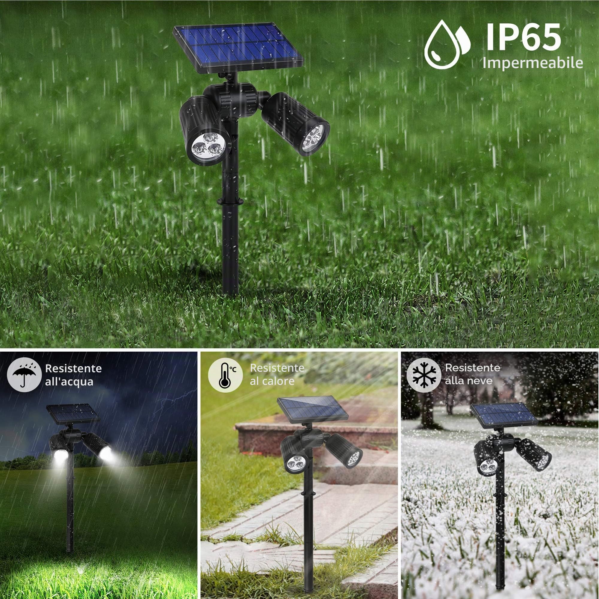 Faretti Solari da Esterno 2 in 1 LED Impermeabili IP65, 2 Pezzi | Pannello solare 5.5V/1.8W, batteria 2600mAh, 2 modalità luce (200LM/300LM), orientabile a 360°, installazione prato/parete