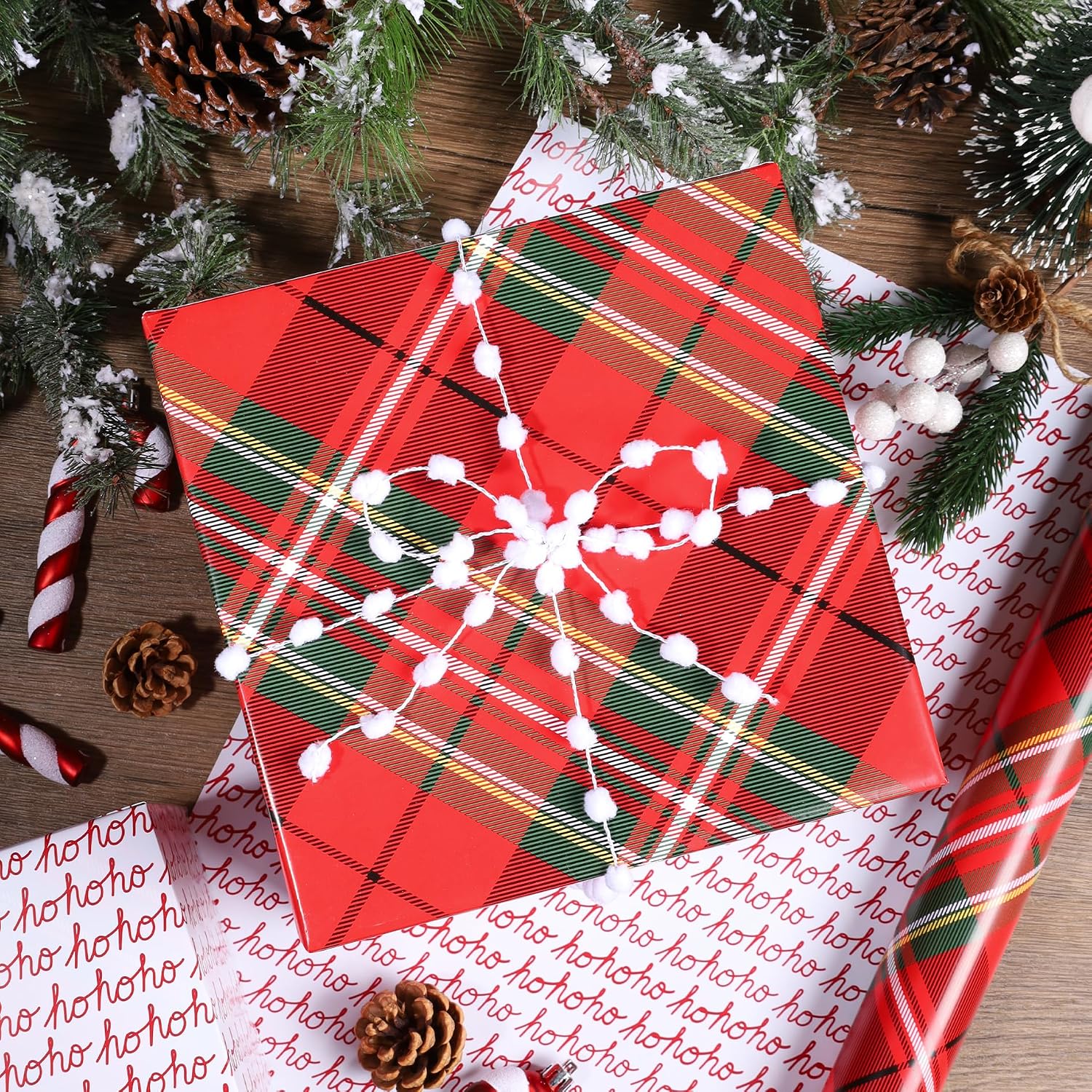 BIOBROWN Christmas Wrapping Paper Red Tartan Plaid and HOHO Design image 2